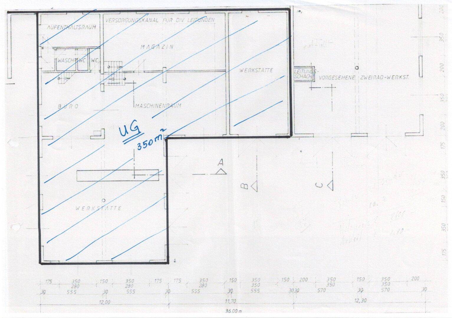 Grundriss des Untergeschosses mit Werkstatt, Büro und Lagerräumen.