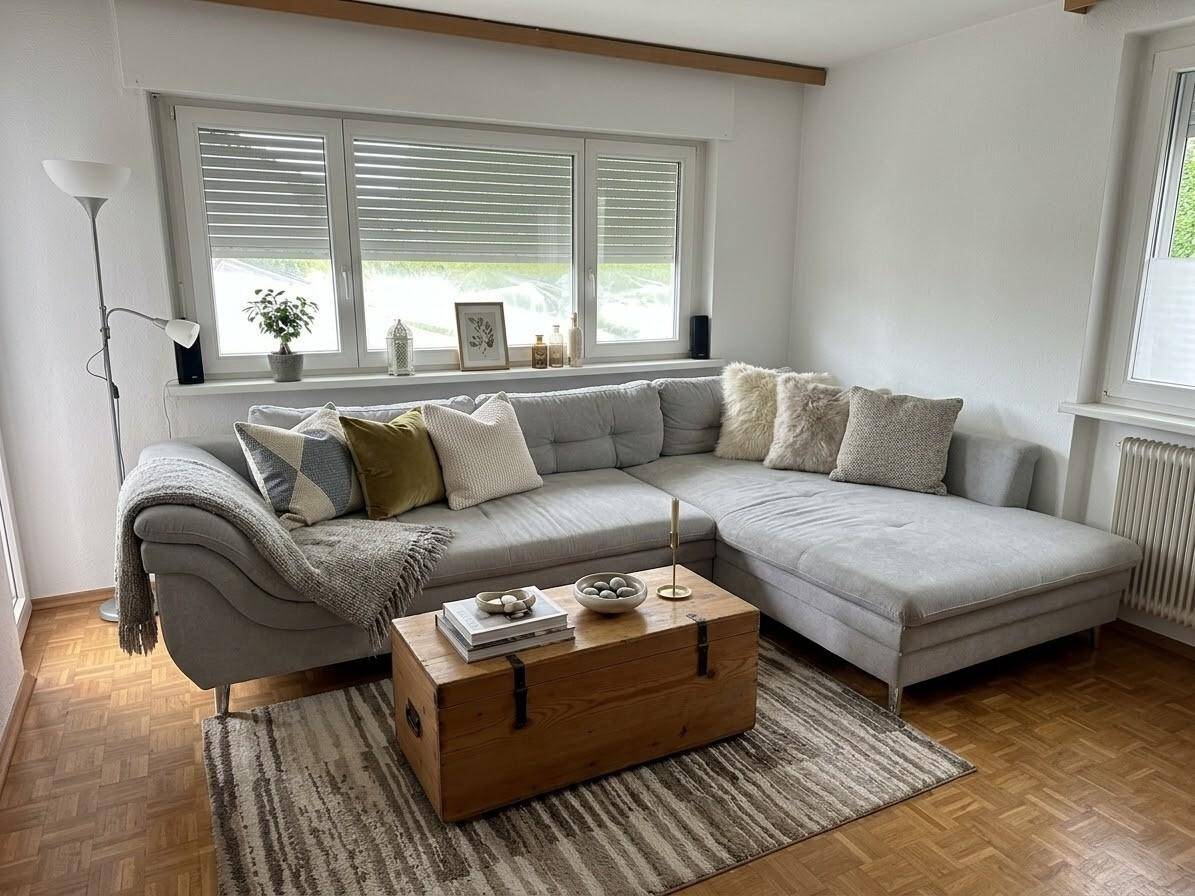 Gemütliches Wohnzimmer mit großem Ecksofa, Holztisch und Parkettboden.