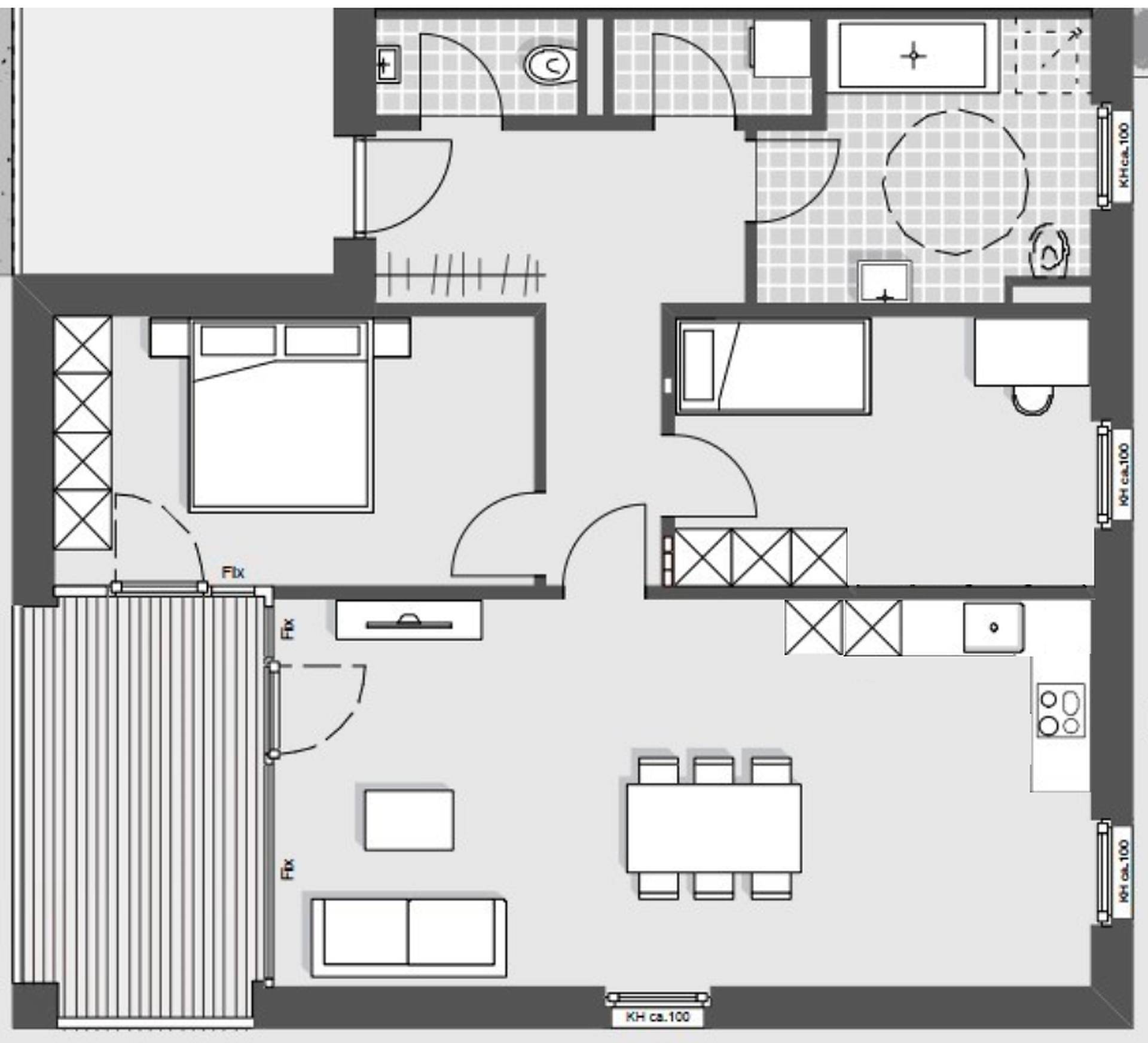 Detaillierter Grundriss einer Wohnung mit Schlafzimmern, Bädern, offenem Wohnbereich und Balkon.