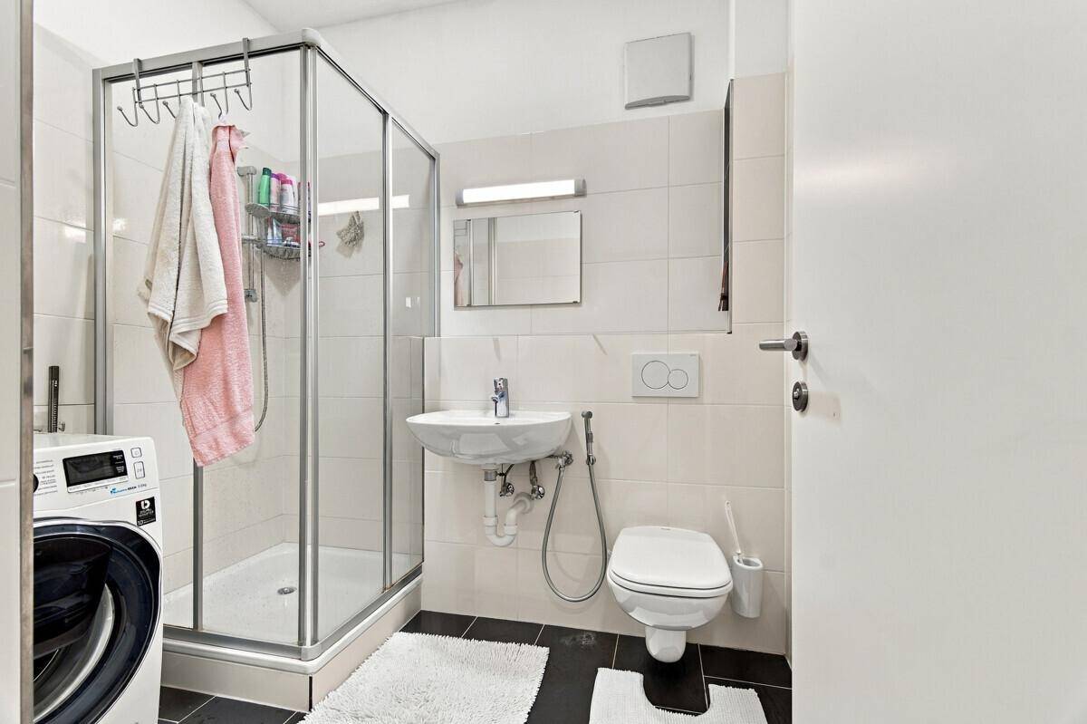 Funktionales Badezimmer mit Duschkabine, WC, Waschbecken und Waschmaschine.