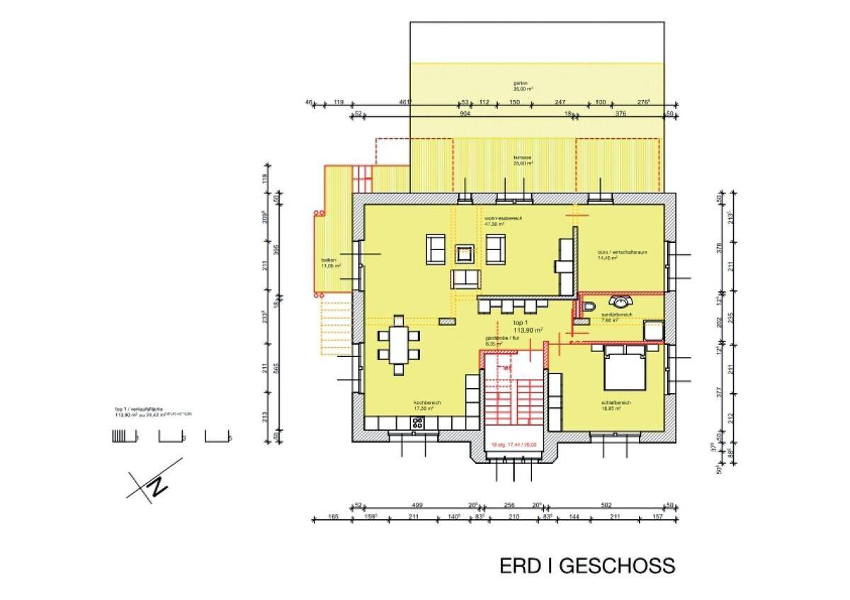 Grundriss des Erdgeschosses mit offenem Wohnbereich, Küche und Schlafzimmer.