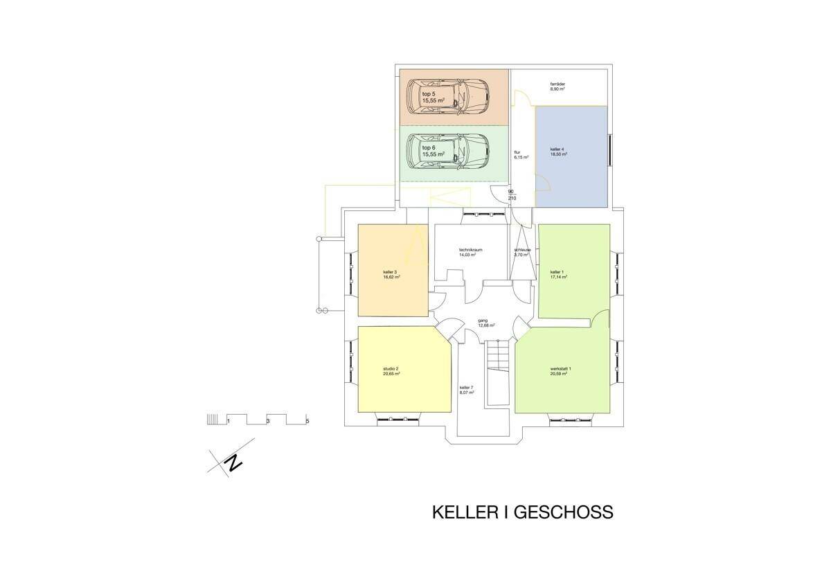 Grundriss des Kellergeschosses mit eingezeichneten Parkplätzen und Abstellräumen.