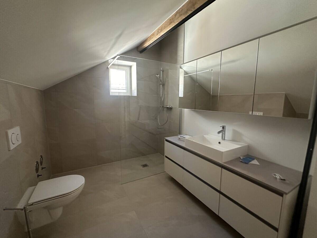 Modernes Badezimmer mit begehbarer Dusche, wandhängendem WC und großem Spiegelschrank.