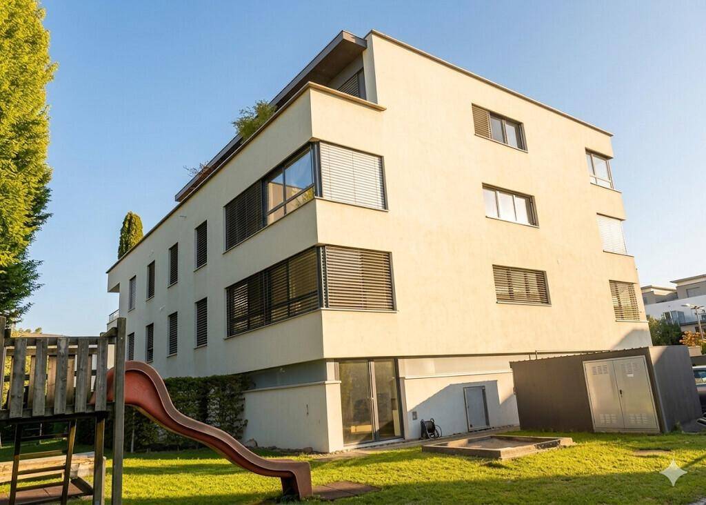 Modernes Wohngebäude mit angrenzendem Gartenbereich und einem Spielplatz für Kinder.