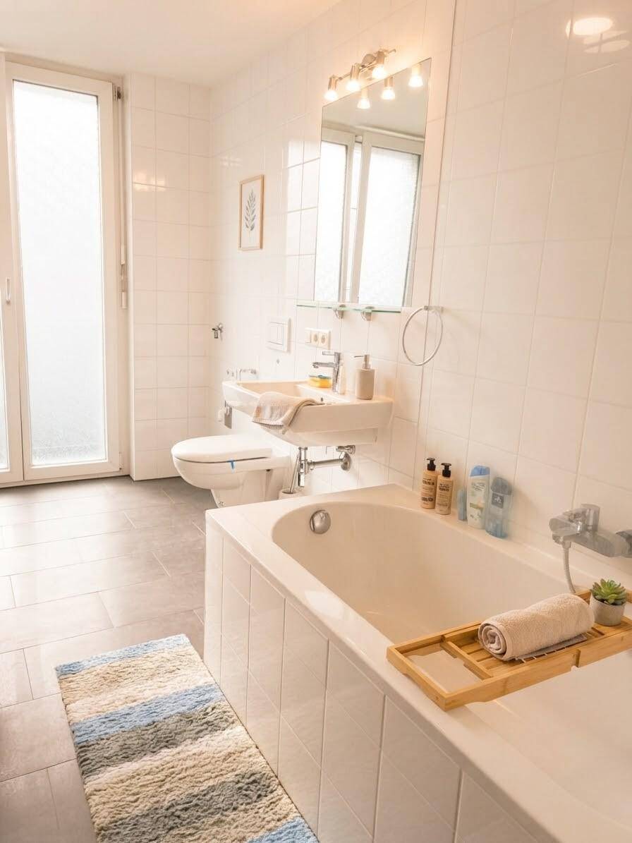 Modernes Badezimmer mit Badewanne, Waschbecken, WC und großem Fenster für viel Tageslicht.