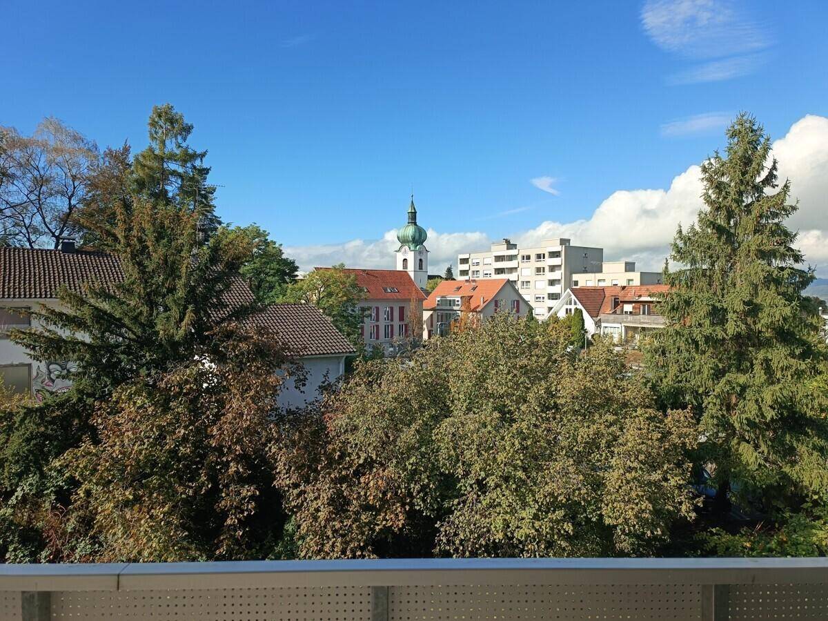 Malerischer Ausblick über grüne Bäume, Dächer und einen Kirchturm in der Ferne.