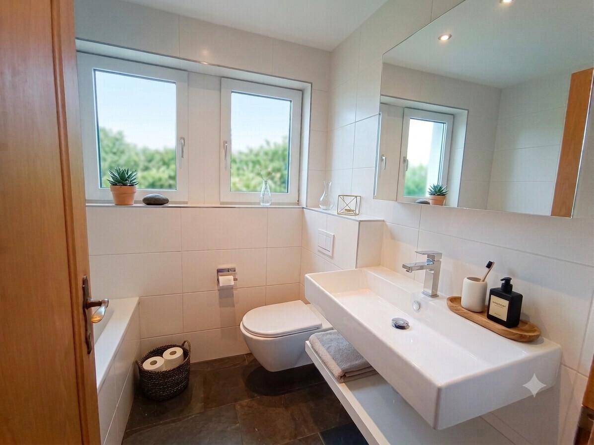 Modernes Badezimmer mit schwebendem Waschbecken, wandhängendem WC und Fenster für Tageslicht.