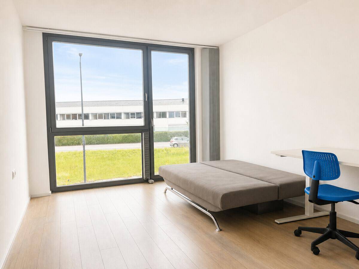 Helles Zimmer mit Schlafsofa, Schreibtisch und großem Fenster mit Blick auf die Umgebung.