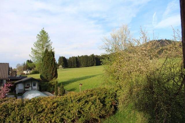 Weitläufiger Blick über grüne Felder und Wälder unter einem blauen Himmel.