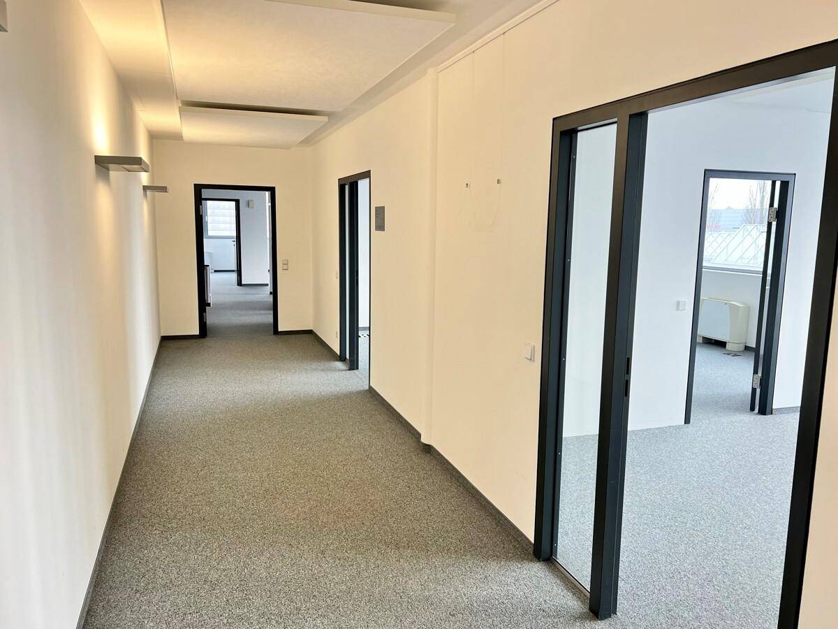 Langer Bürogang mit grauem Teppichboden, weißen Wänden und mehreren Türen zu den Büroräumen.