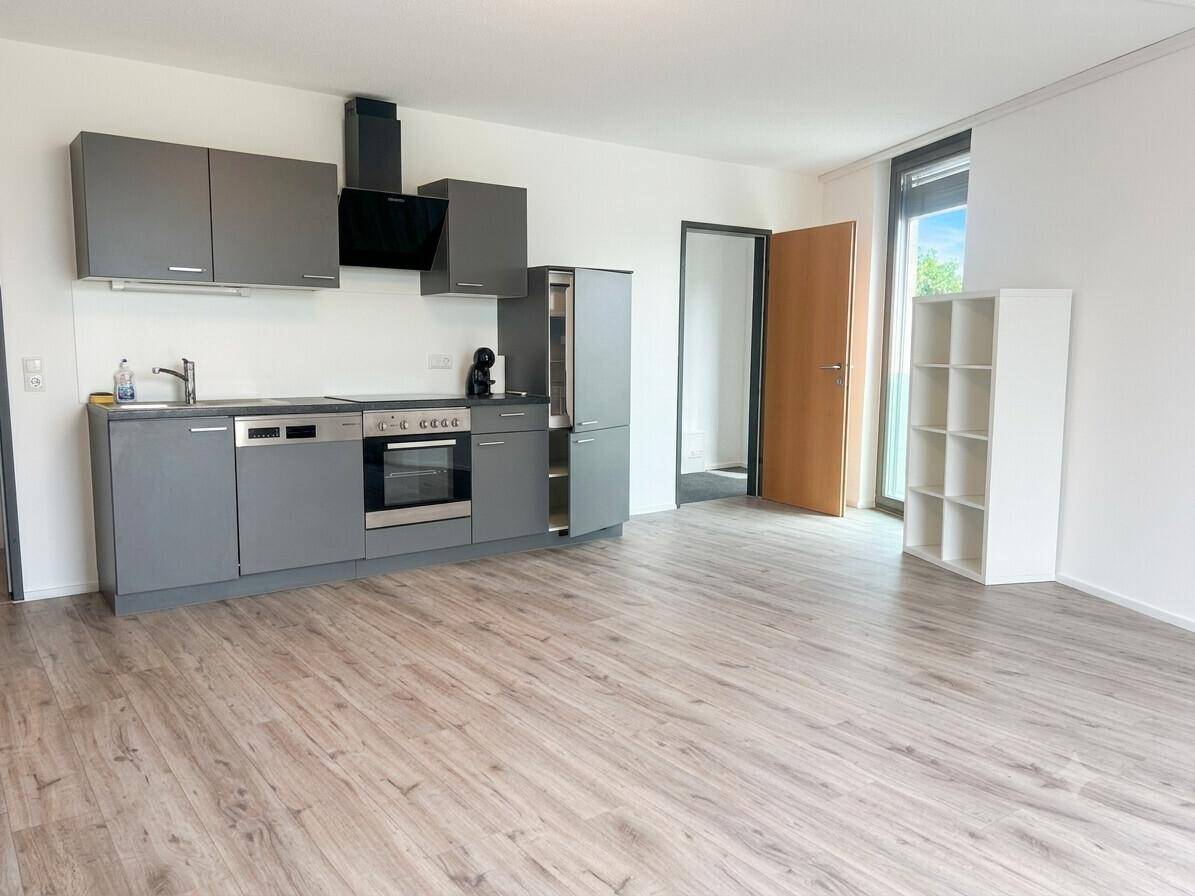 Moderne Küchenzeile in Grau mit integrierten Geräten und Laminatboden in einem offenen Wohnbereich.