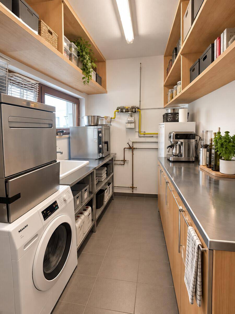 Funktionaler Hauswirtschaftsraum mit Waschmaschine, Edelstahl-Arbeitsplatten und offenen Holzregalen.