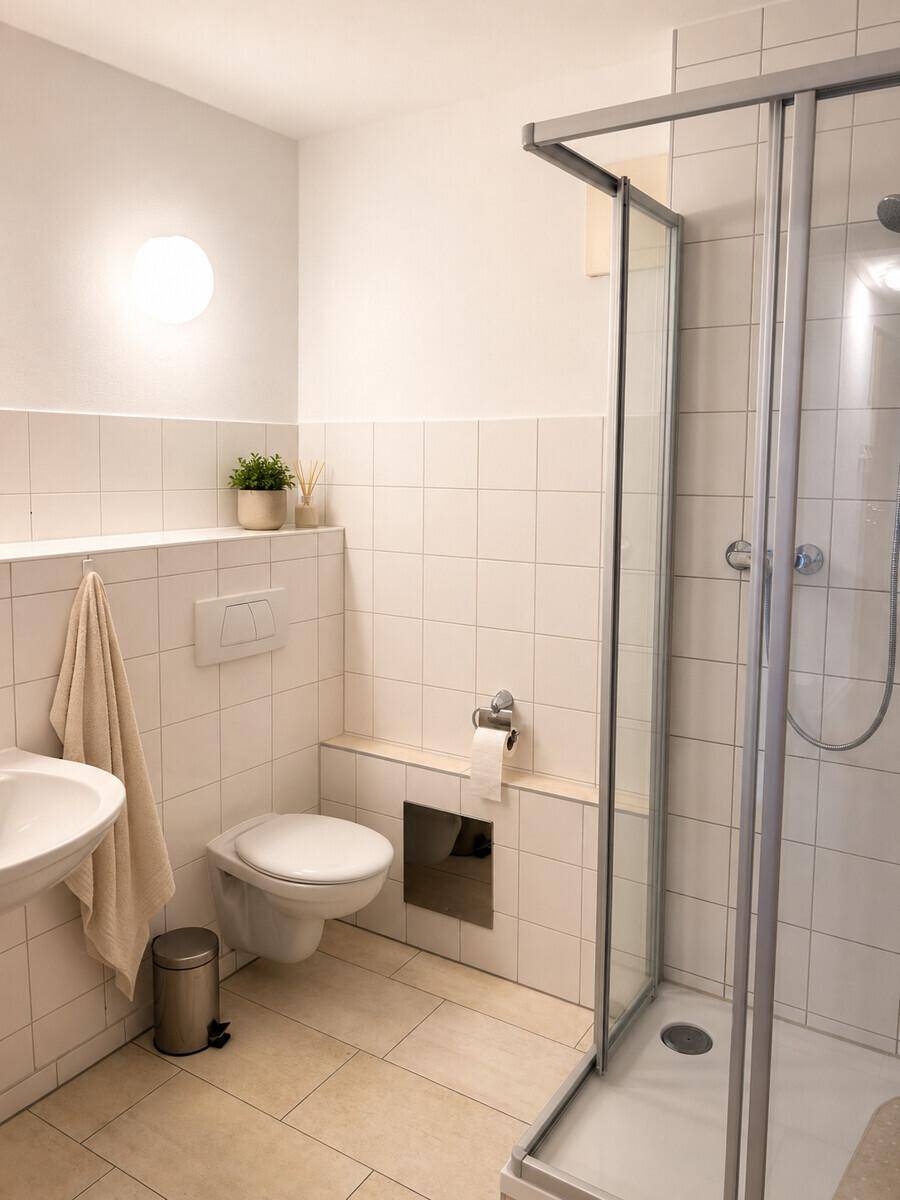 Modernes Badezimmer mit Duschkabine, wandhängendem WC und hellen Fliesen an Wänden und Boden.