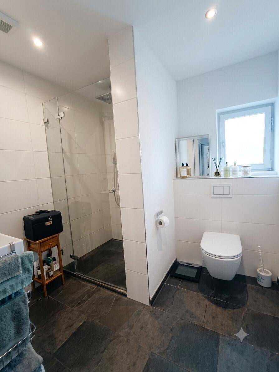 Helles Badezimmer mit ebenerdiger Dusche, wandhängendem WC und Fenster für gute Belüftung.
