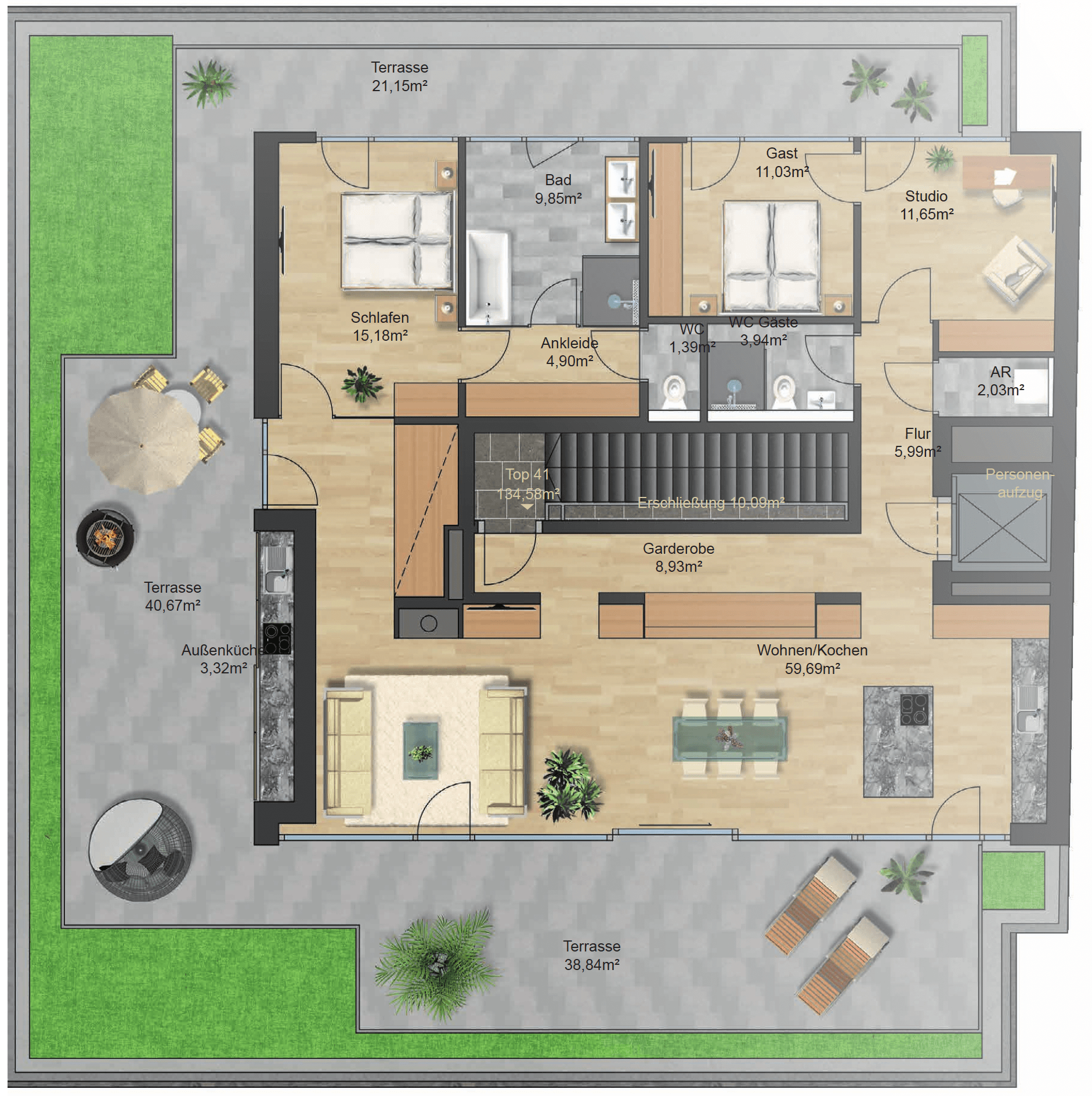 Detaillierter Grundriss einer Wohnung mit mehreren Zimmern, Terrassen und Außenküche.