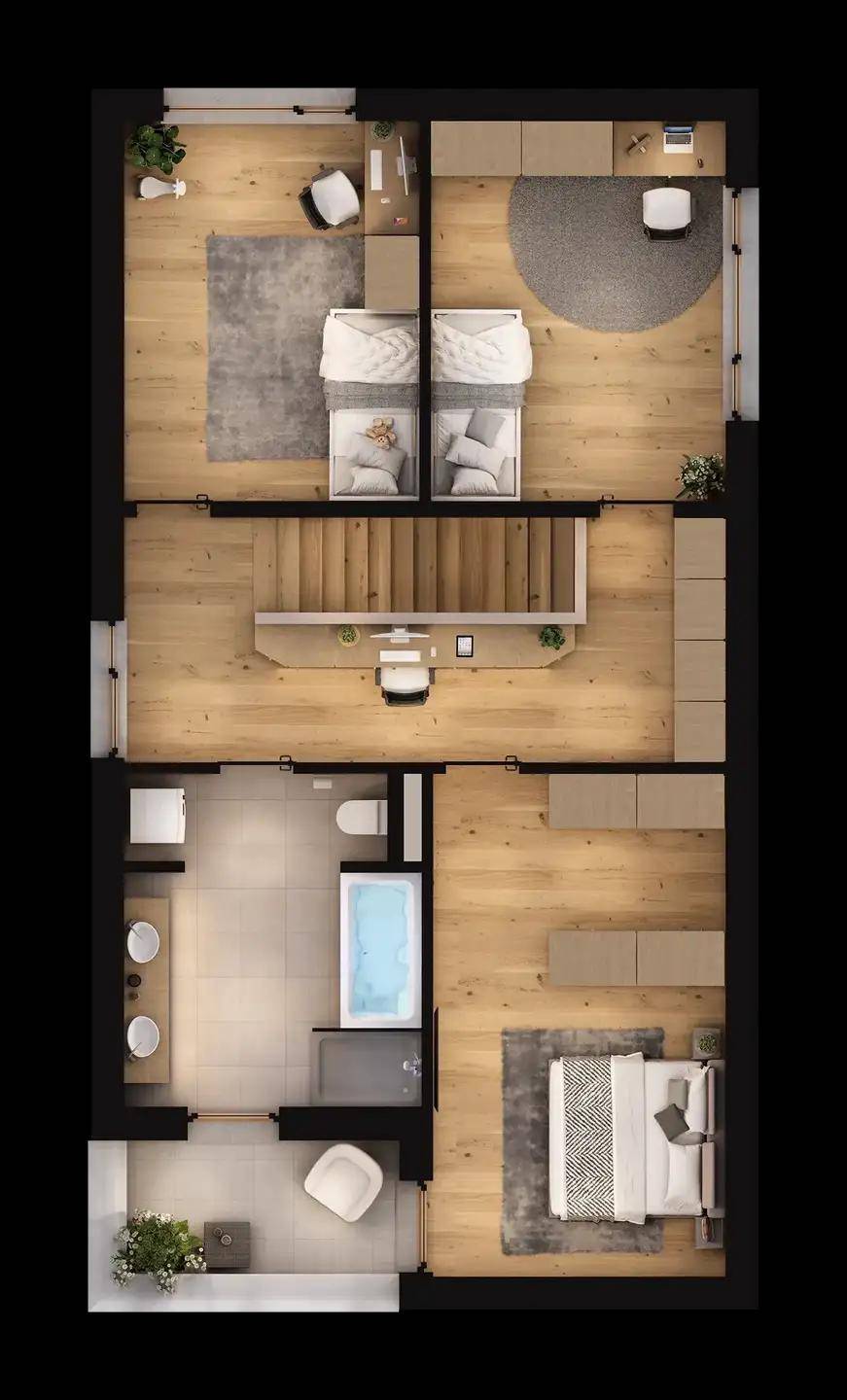 Ansicht des Obergeschoss-Grundrisses mit Schlafzimmern, Bad und Balkon.