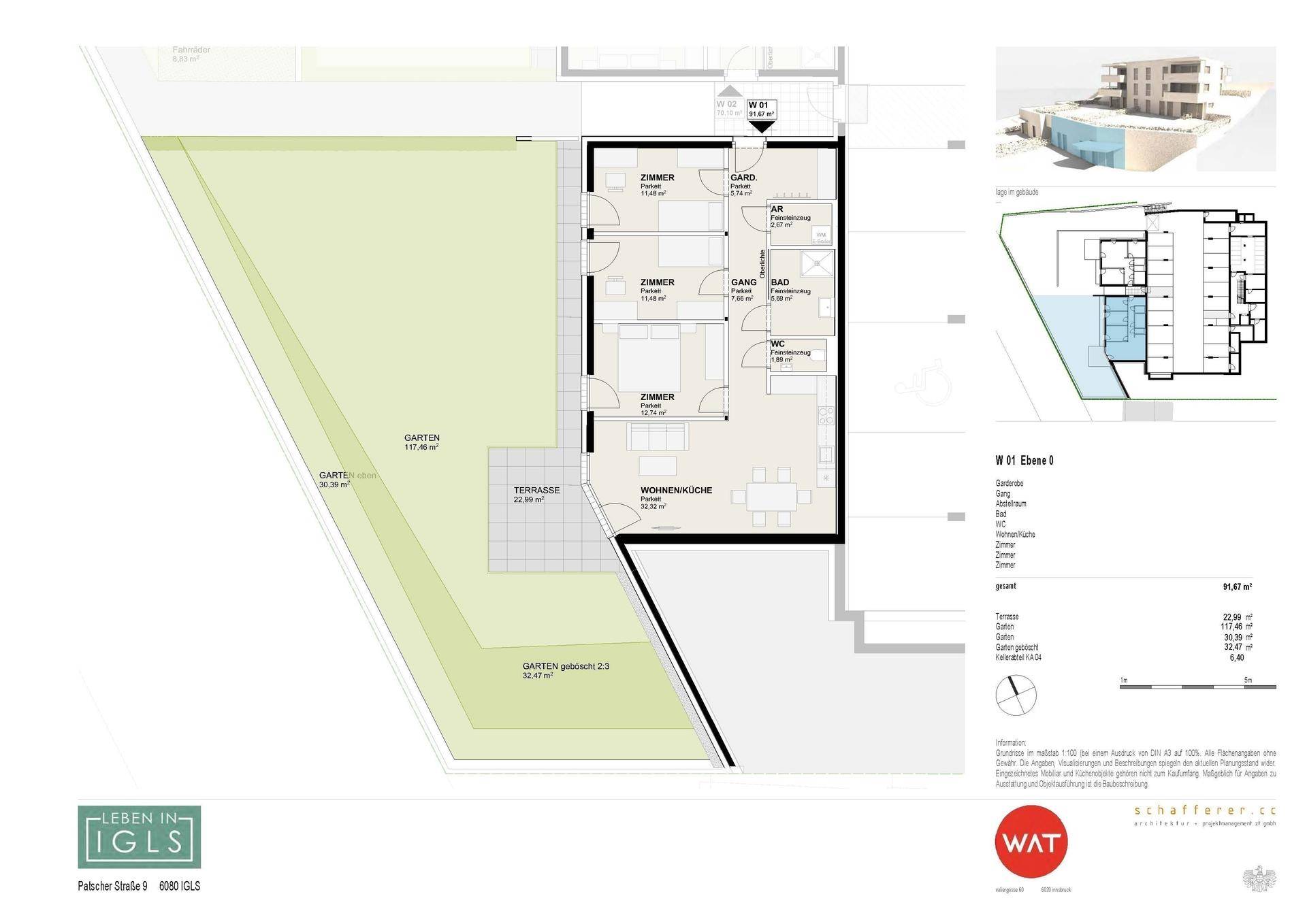 Detaillierter Grundriss einer Wohneinheit mit Terrasse, Garten und offener Wohnküche.