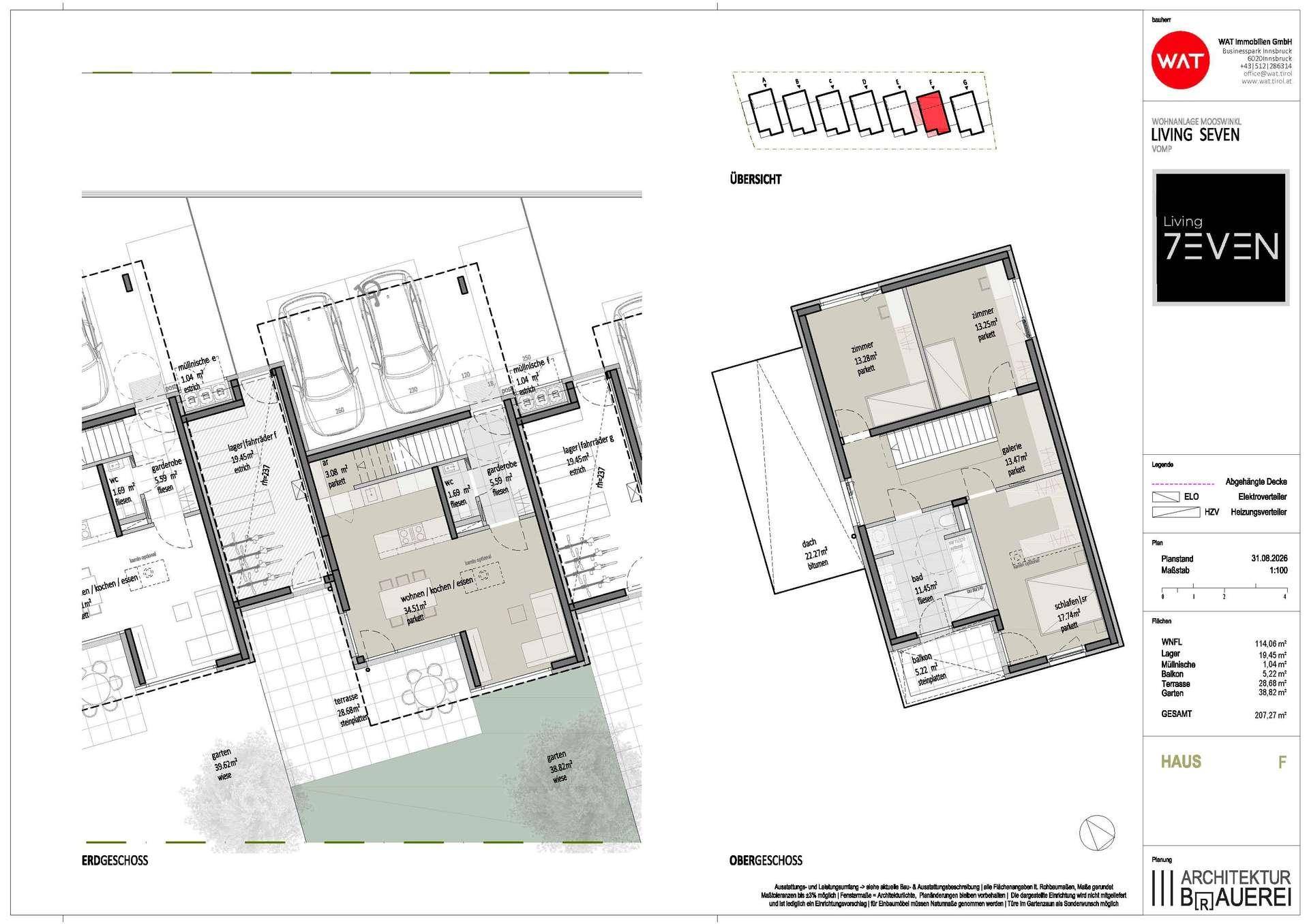 Architektonischer Grundriss des Erd- und Obergeschosses mit Flächenangaben.