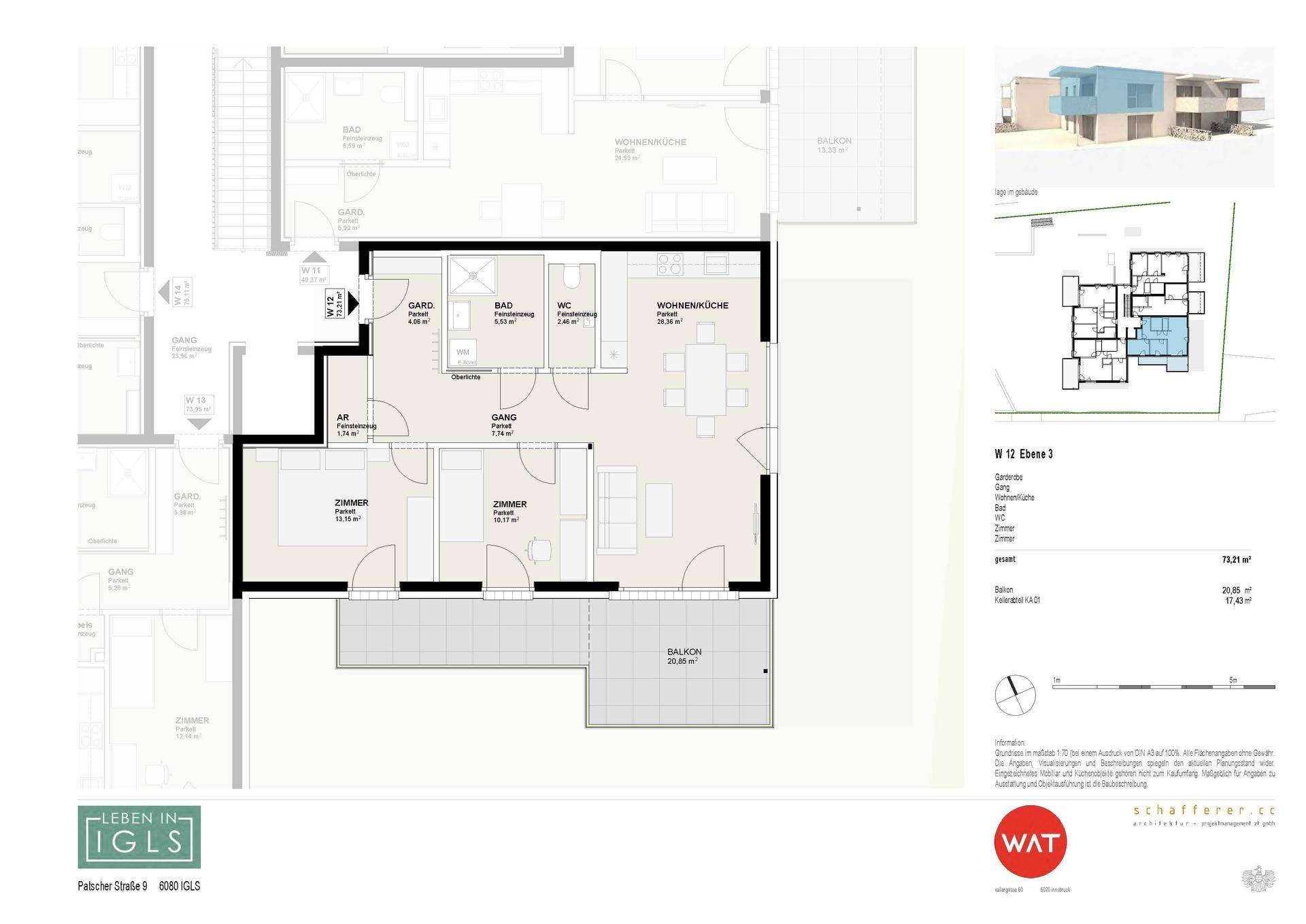 Grundriss einer Wohnung mit drei Zimmern, Wohnküche, Bad und großem Balkon.