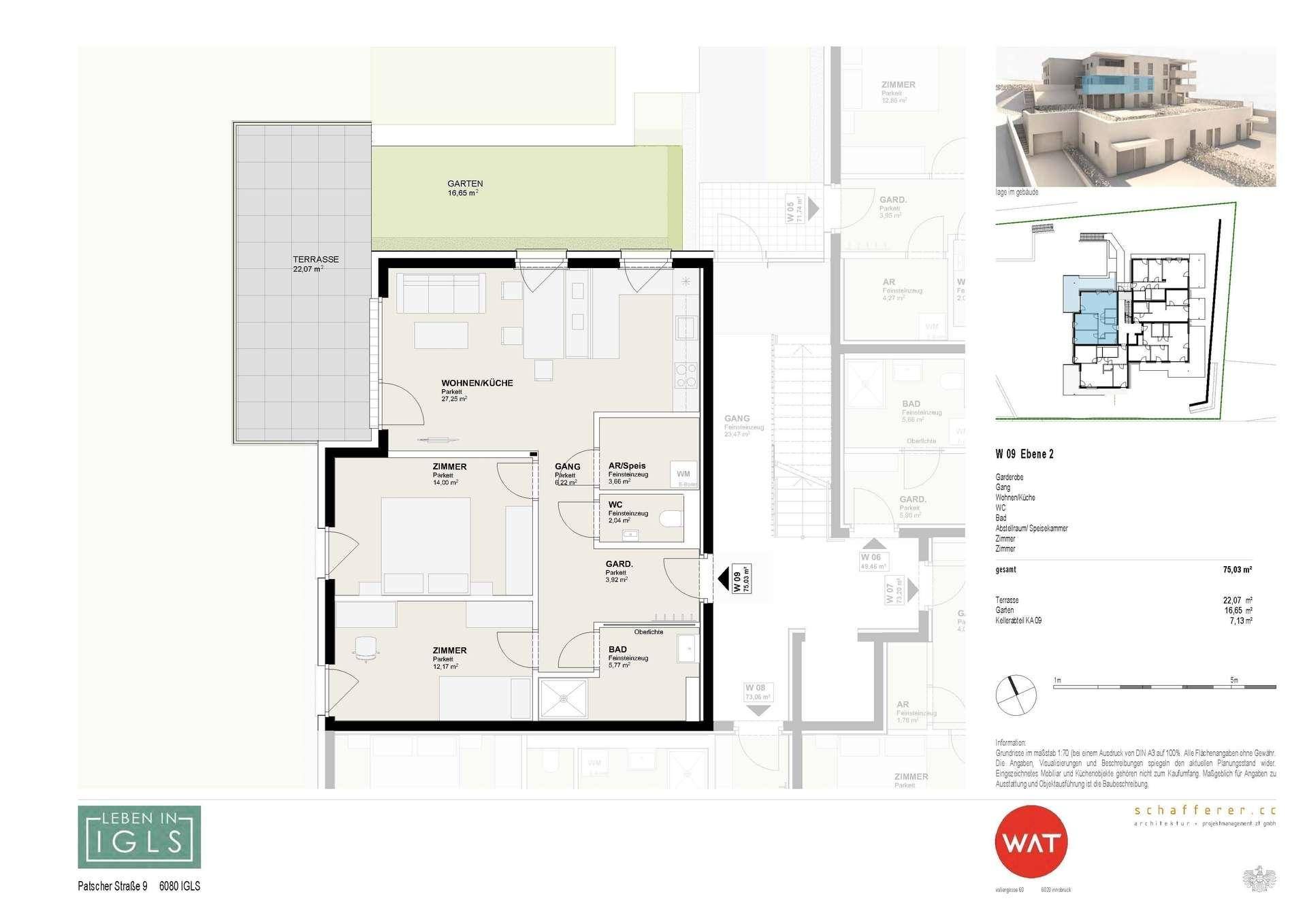 Grundriss einer Wohnung mit Wohnküche, zwei Zimmern, Bad, WC und Terrasse mit Garten.