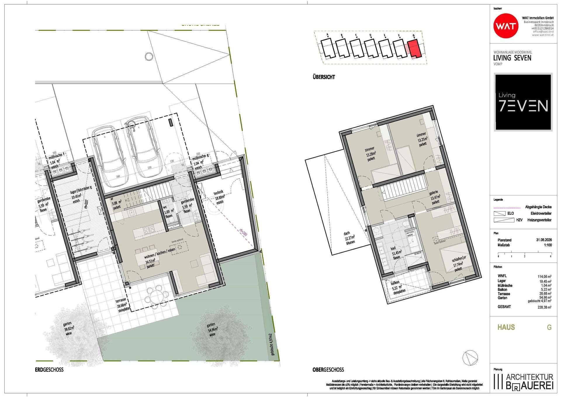 Architektonischer Grundriss des Erd- und Obergeschosses mit detaillierten Maßen.