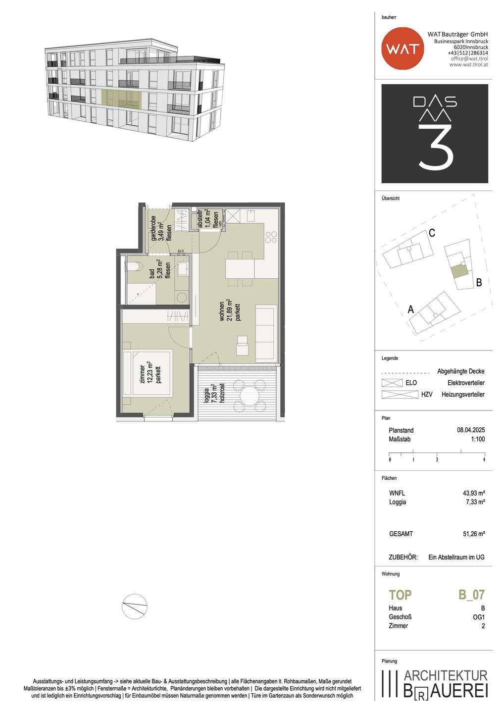 Übersichtlicher Grundriss einer Wohnung mit Loggia, Schlafzimmer und Badezimmer, inklusive Legende.