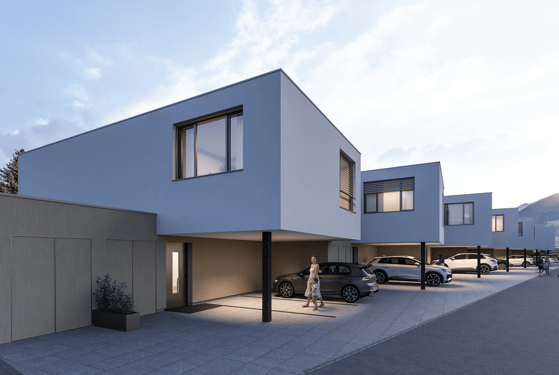 Reihenhäuser mit moderner Architektur, Carports und Stellplätzen.