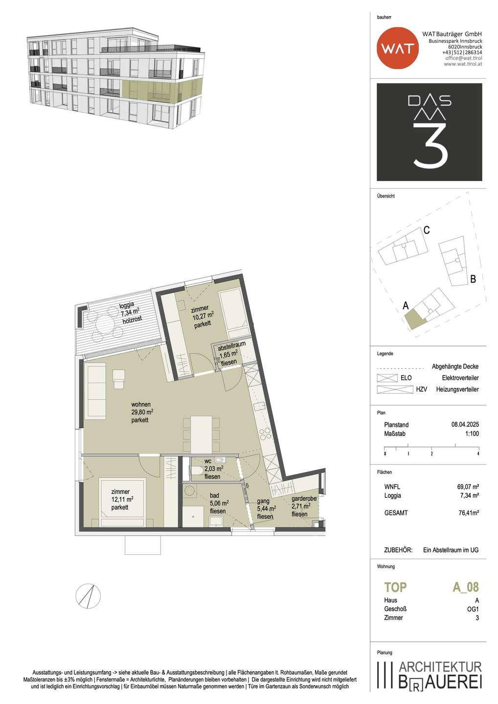 Detaillierter Grundriss einer Wohnung mit Loggia, zwei Schlafzimmern und offenem Wohnbereich.