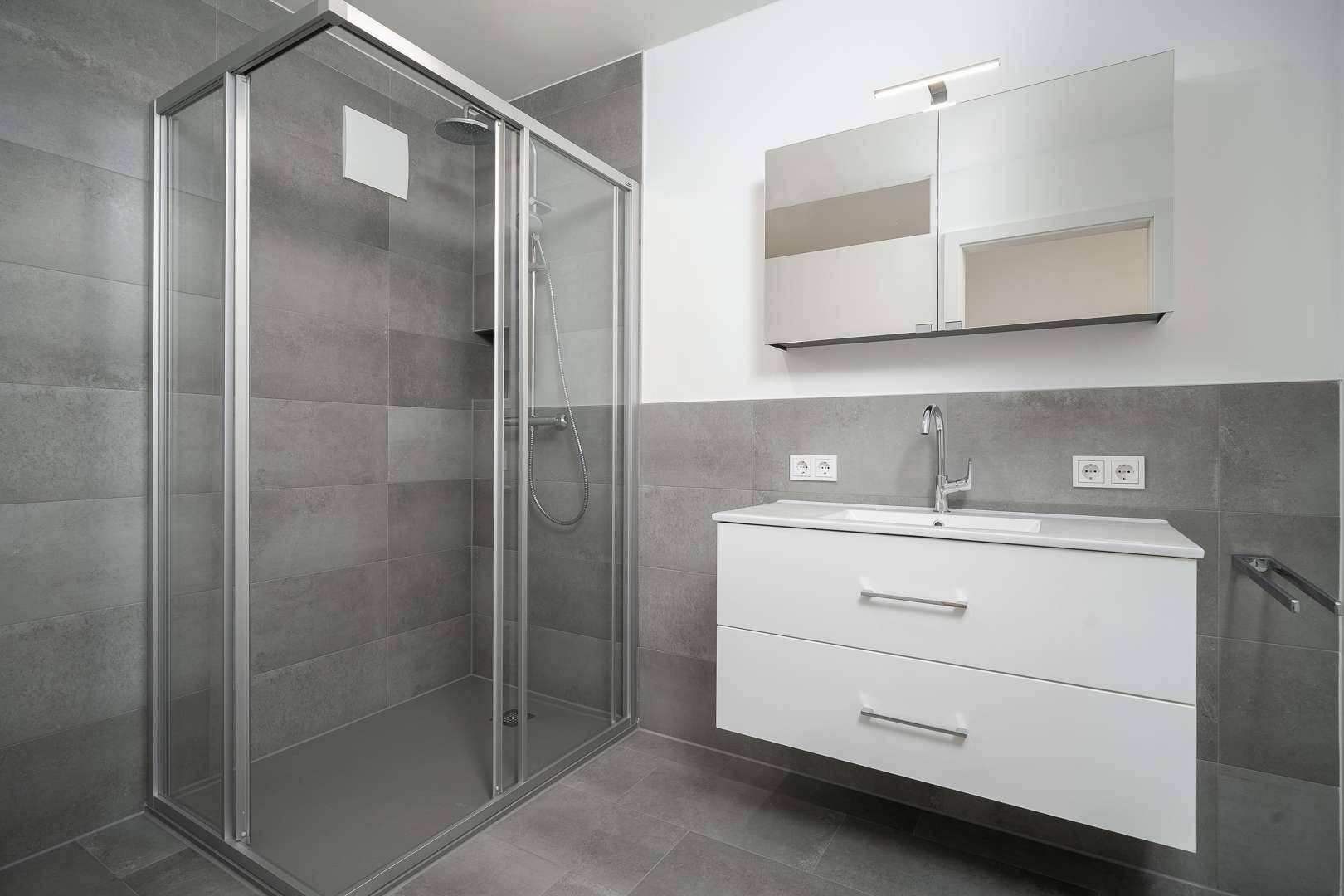 Modernes Badezimmer mit grauen Fliesen, Duschkabine und einem Waschtisch mit Spiegelschrank.