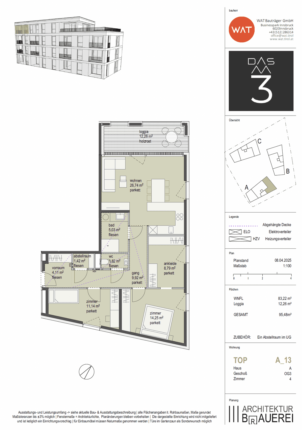 Detaillierter Grundriss einer Wohnung mit drei Zimmern, Loggia und Flächenangaben in Quadratmetern.