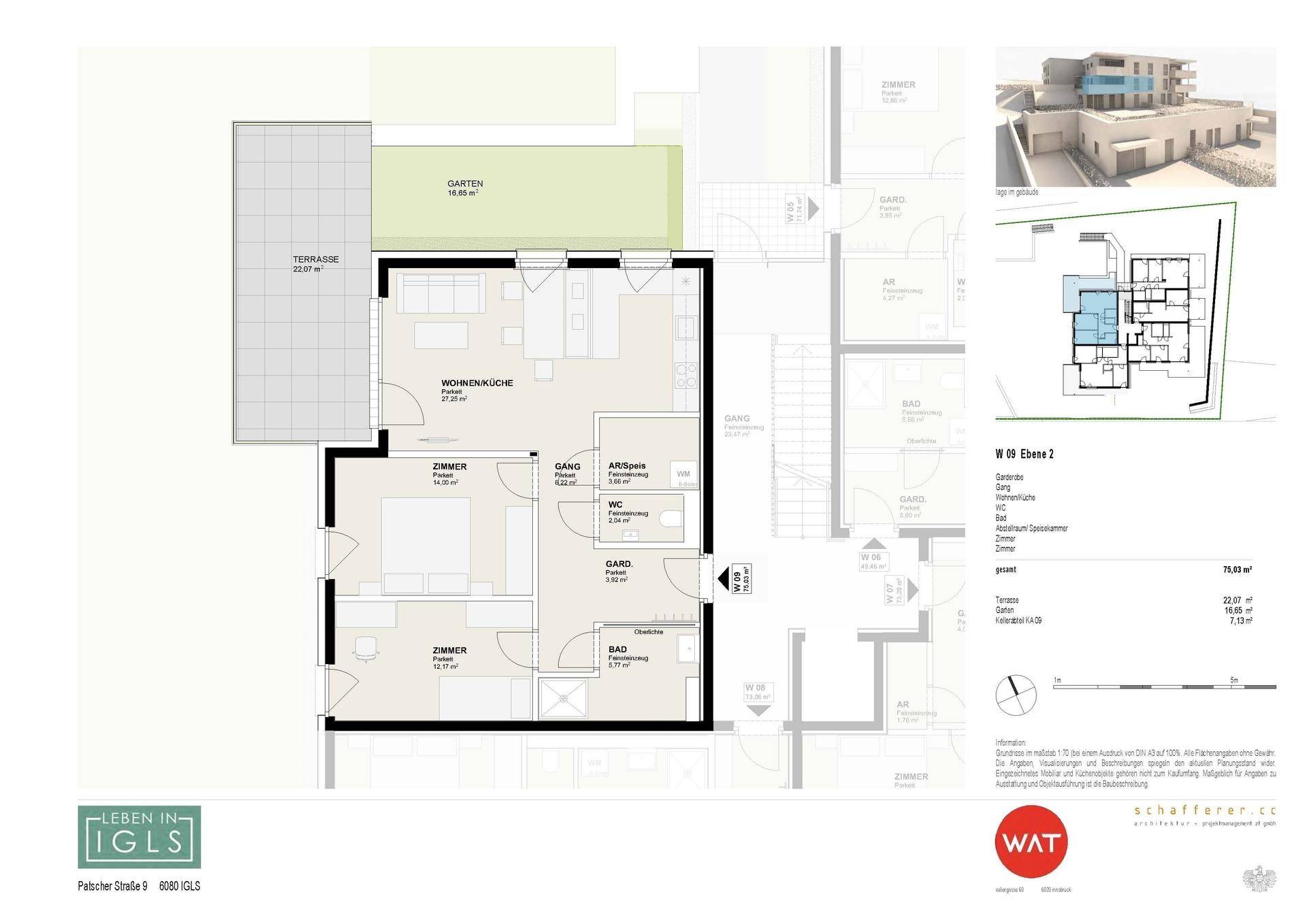 Grundriss einer Wohnung mit Wohnküche, zwei Zimmern, Bad, WC und Terrasse.