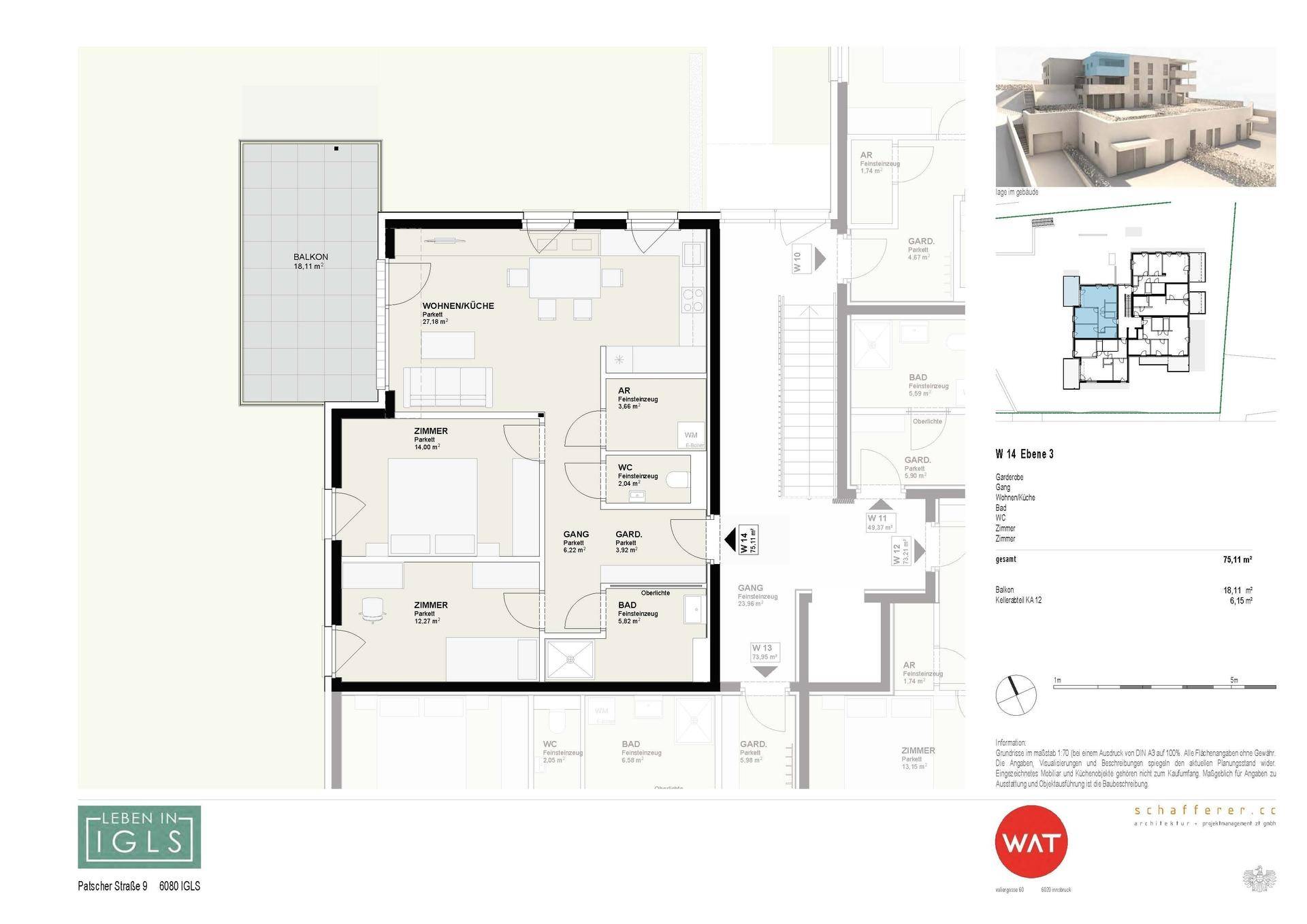 Grundriss einer Wohnung mit Wohnküche, zwei Zimmern, Bad, WC und Balkon.