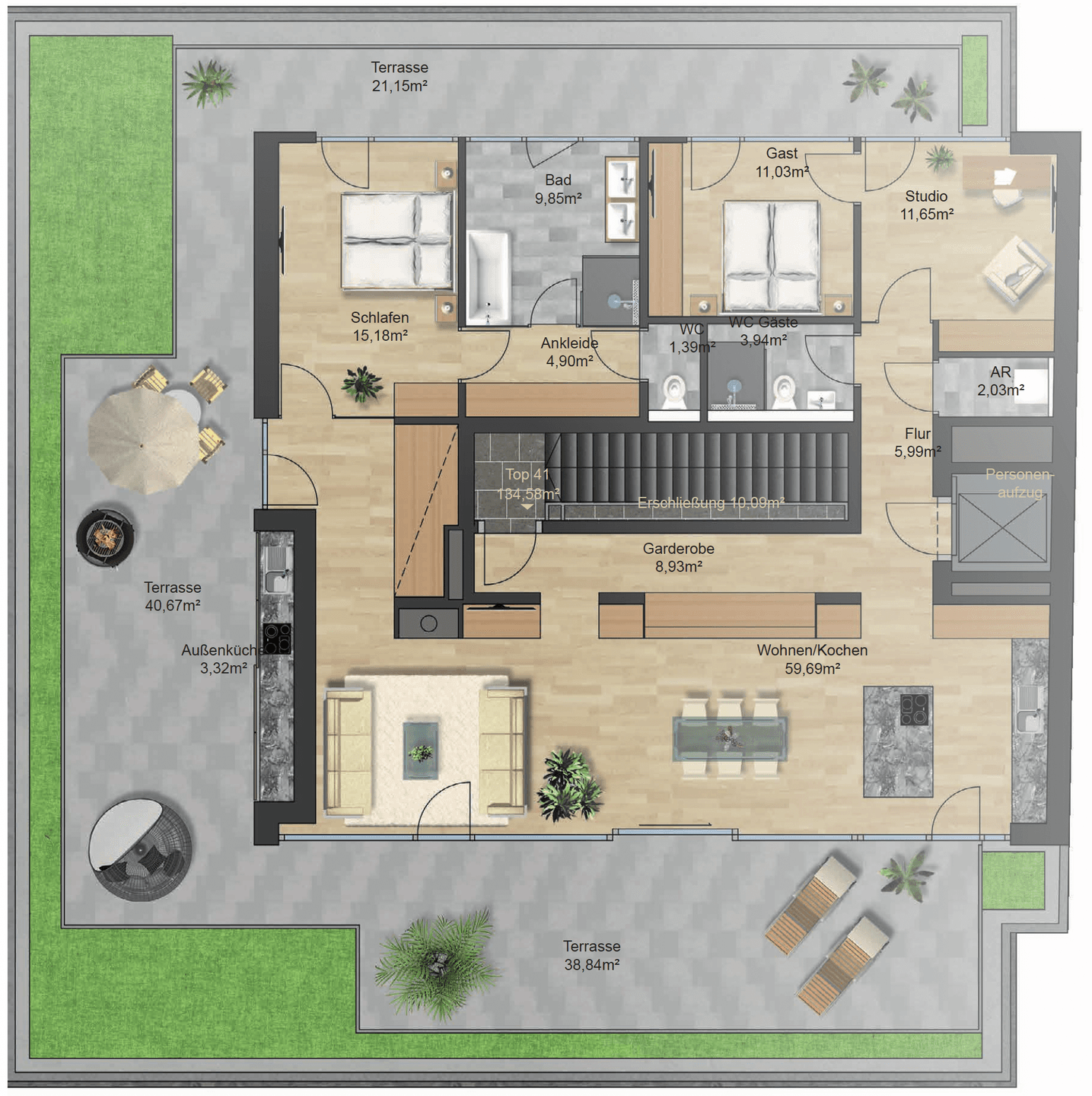 Detaillierter Grundriss einer Wohnung mit mehreren Terrassen und offenem Wohn-/Kochbereich.