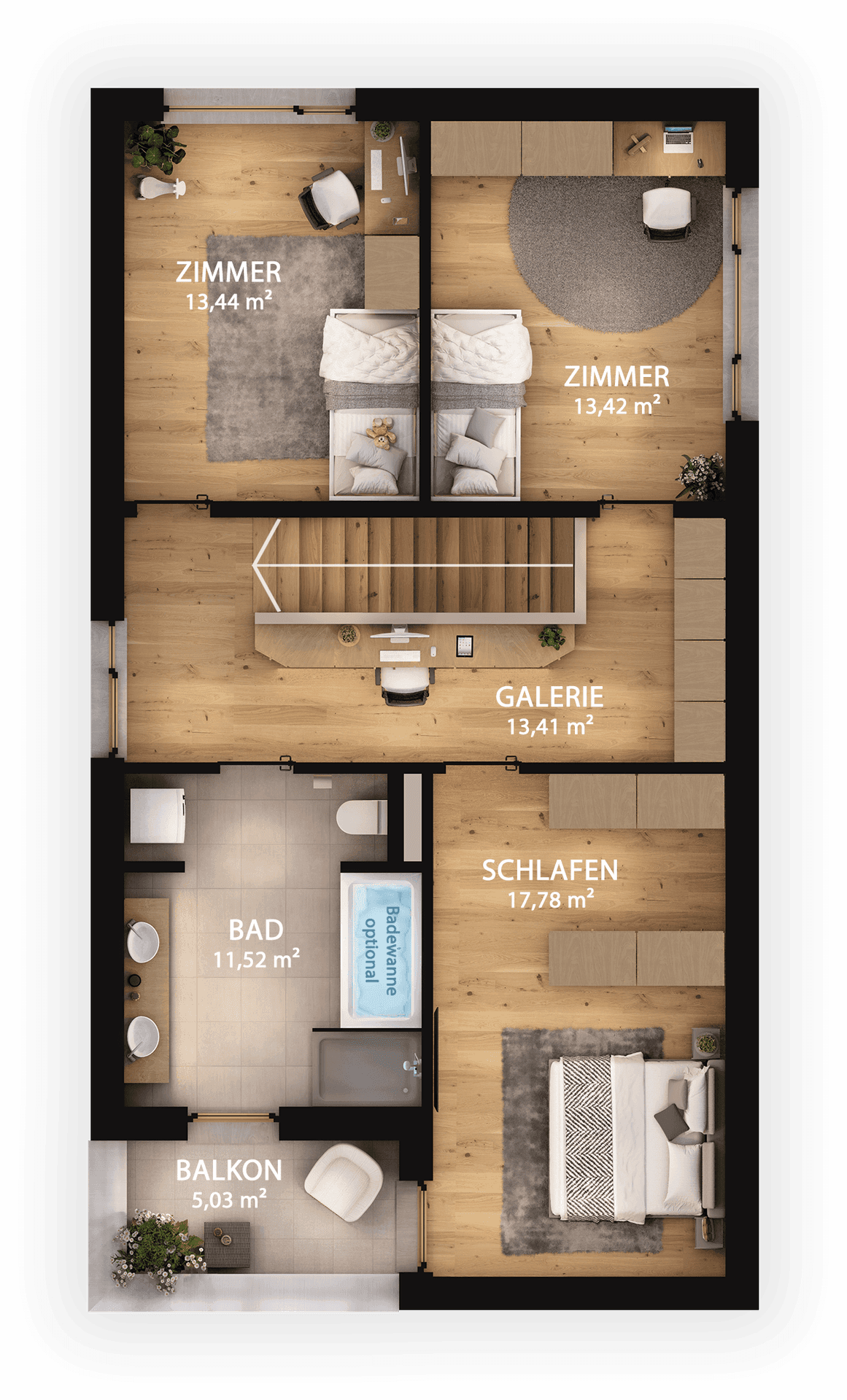 Grundriss des Obergeschosses mit drei Schlafzimmern, Bad und Balkon.