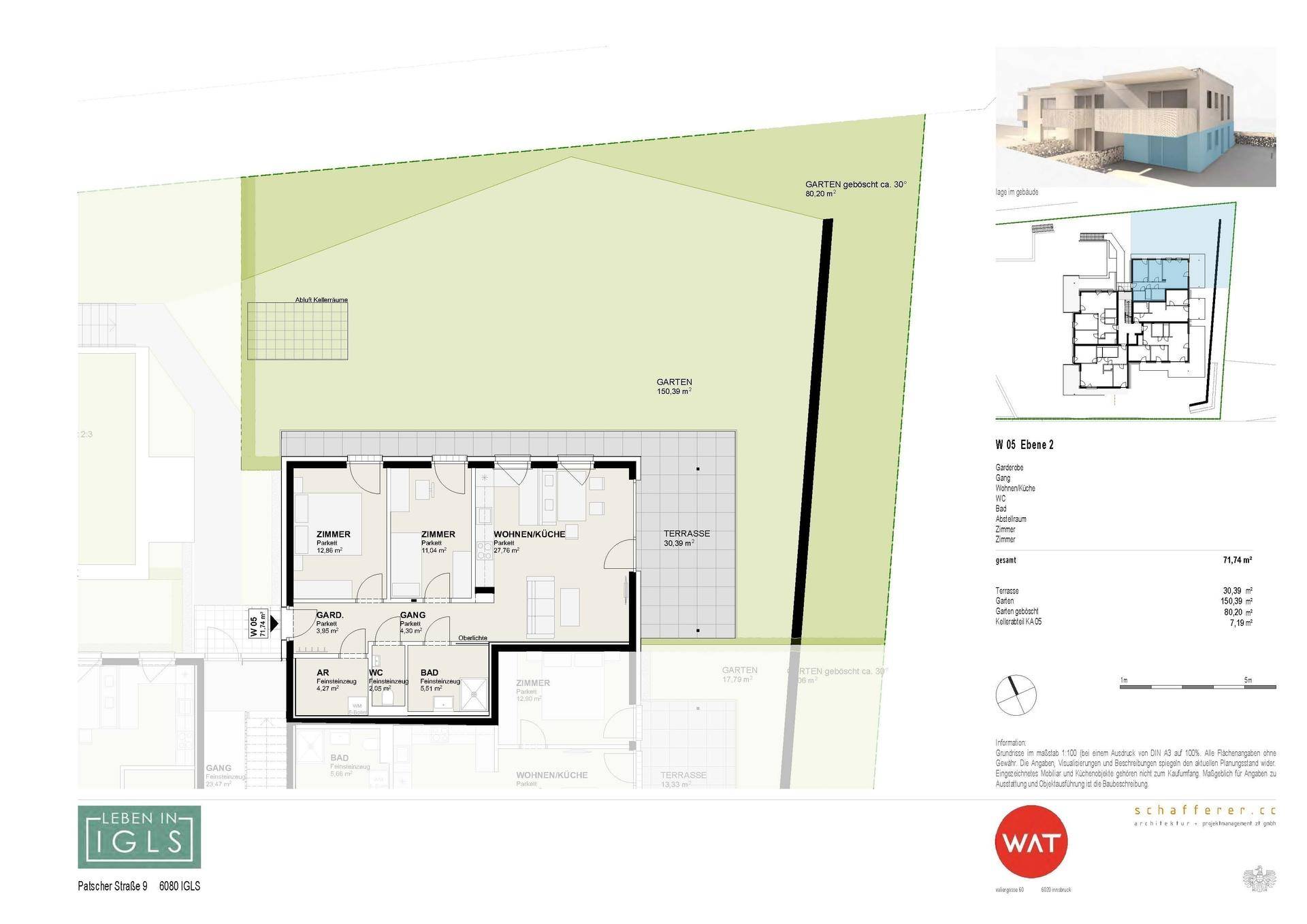 Grundriss der Wohnung W 05 Ebene 2 mit Wohnküche, Zimmern und Terrasse.