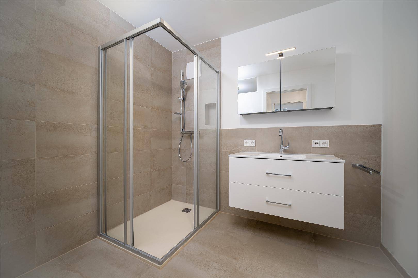 Modernes Badezimmer mit begehbarer Dusche, Waschtisch und Spiegelschrank.