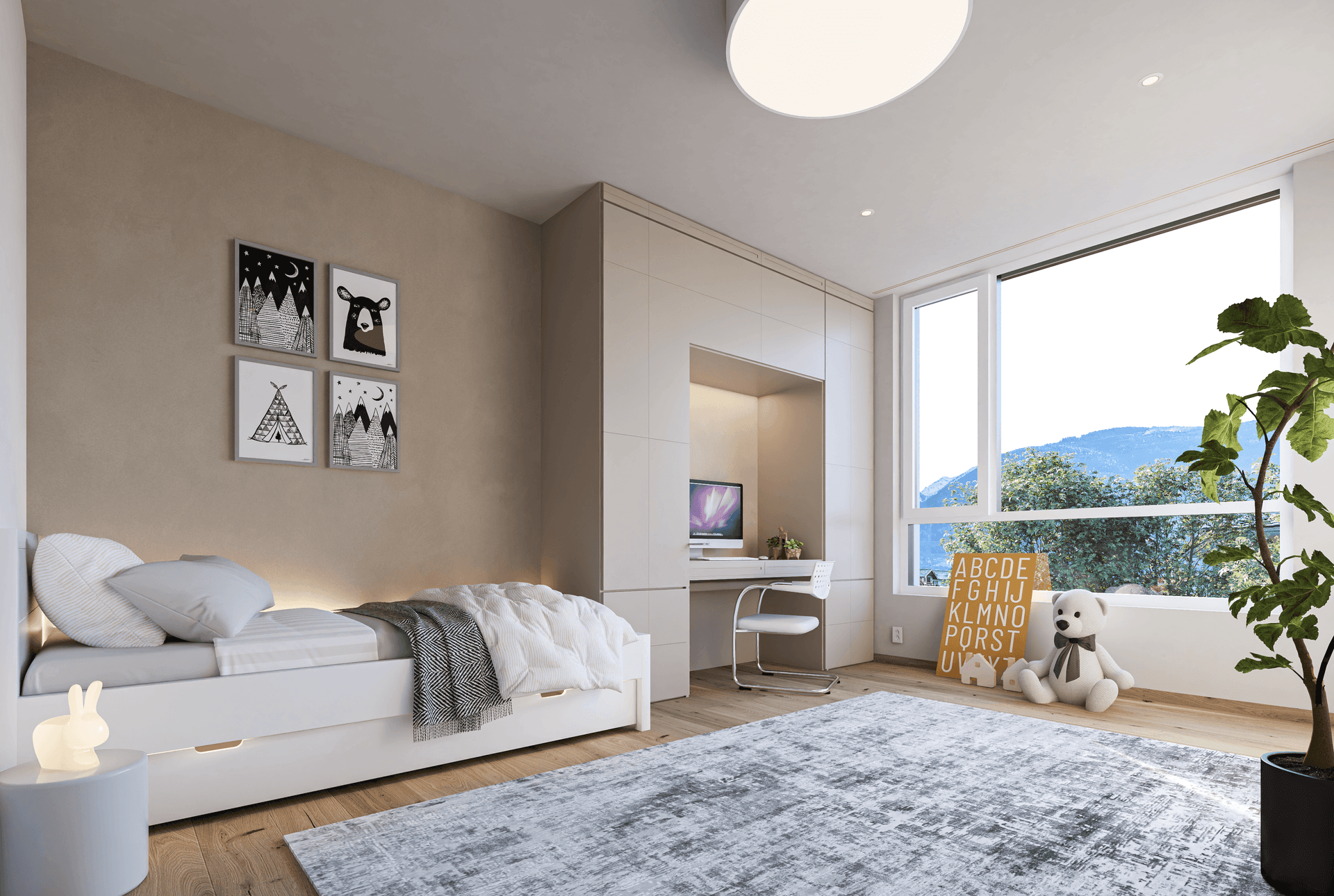 Kinderzimmer mit Schreibtisch, Einzelbett und großem Fenster mit Bergblick.