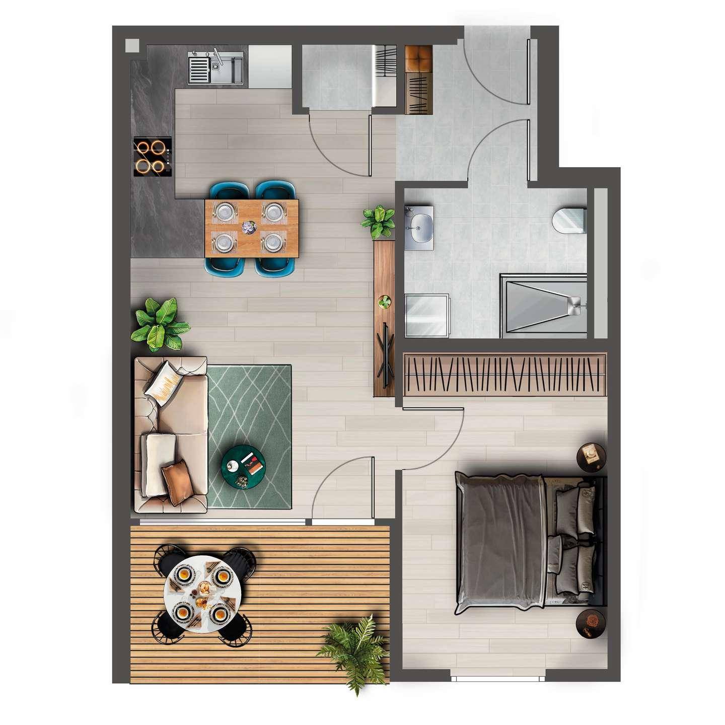 Detaillierter Grundriss einer Wohnung mit offenem Wohnbereich, Schlafzimmer und Terrasse.