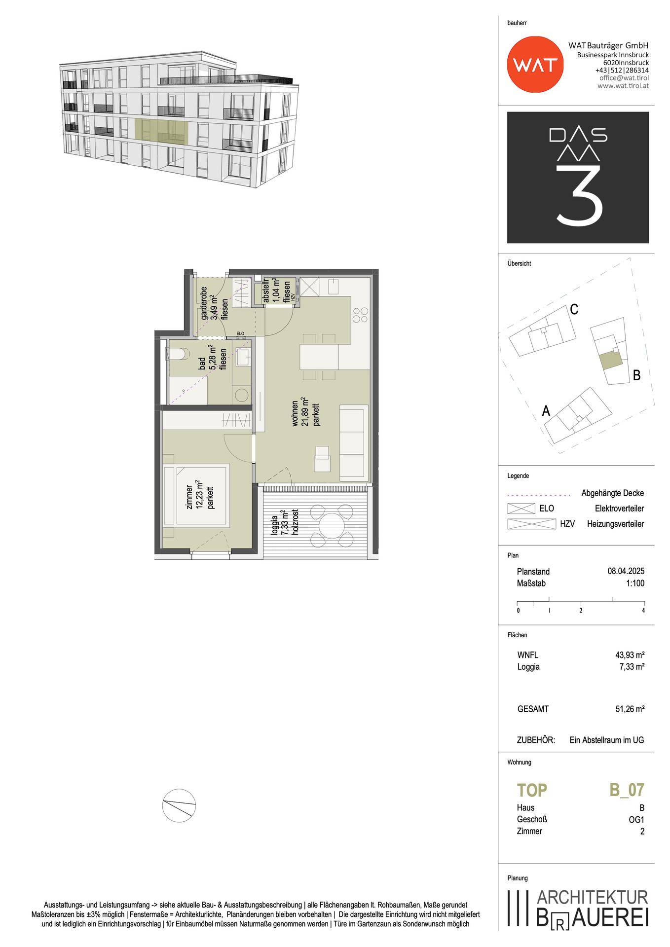 Grundriss einer 2-Zimmer-Wohnung mit Loggia, Bad und separatem WC, Gesamtfläche 51,26 m².