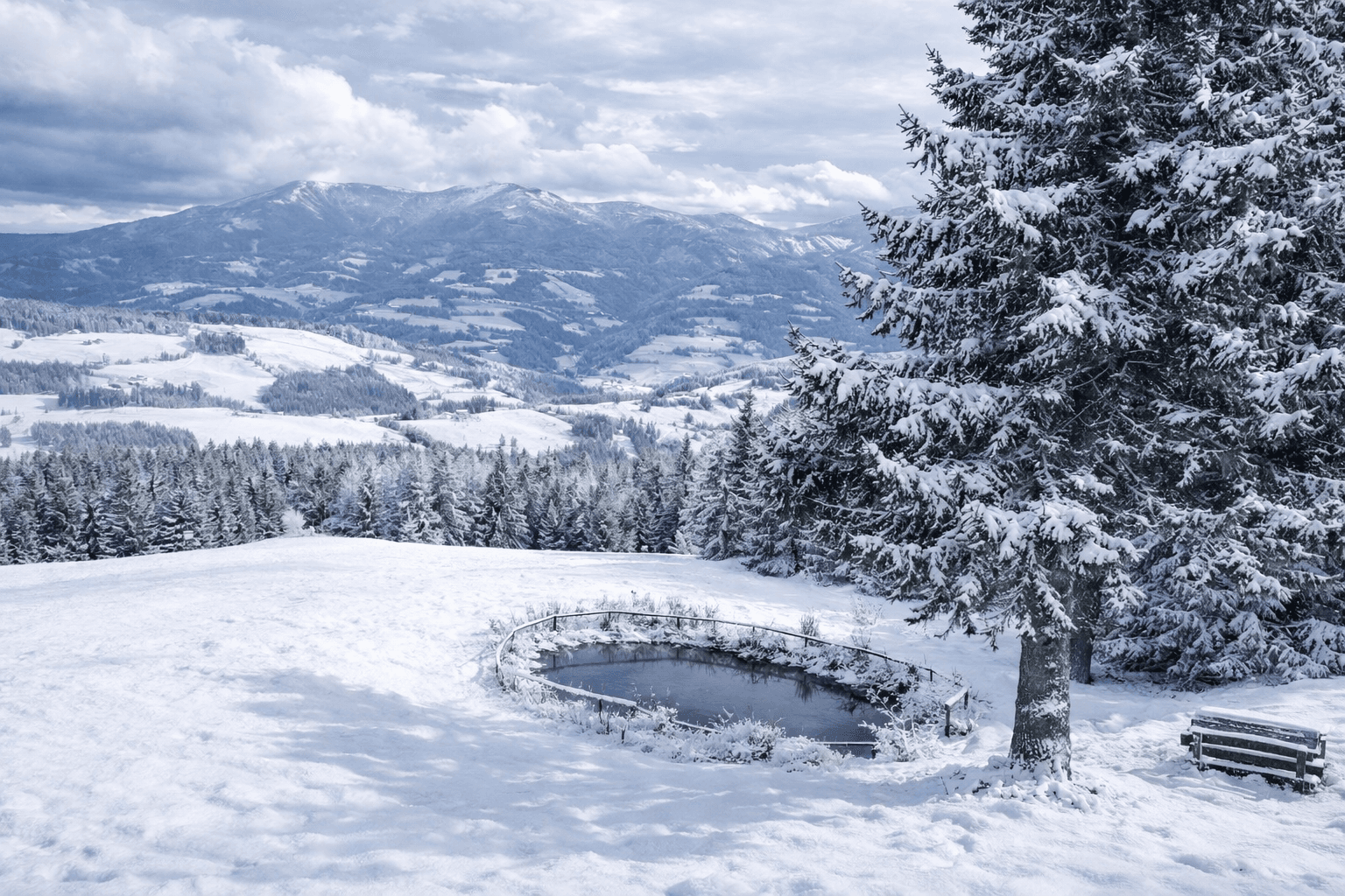 Kleiner Teich mit Holzbank in verschneiter Landschaft, umgeben von Bäumen und Bergen.