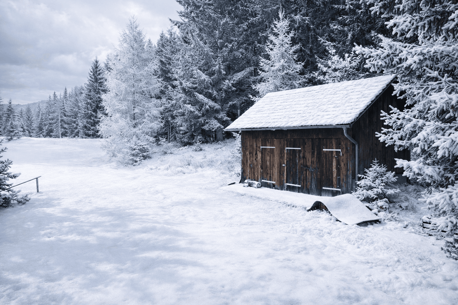 Kleiner Holzschuppen mit schneebedecktem Dach, umgeben von verschneiten Bäumen im Winter.
