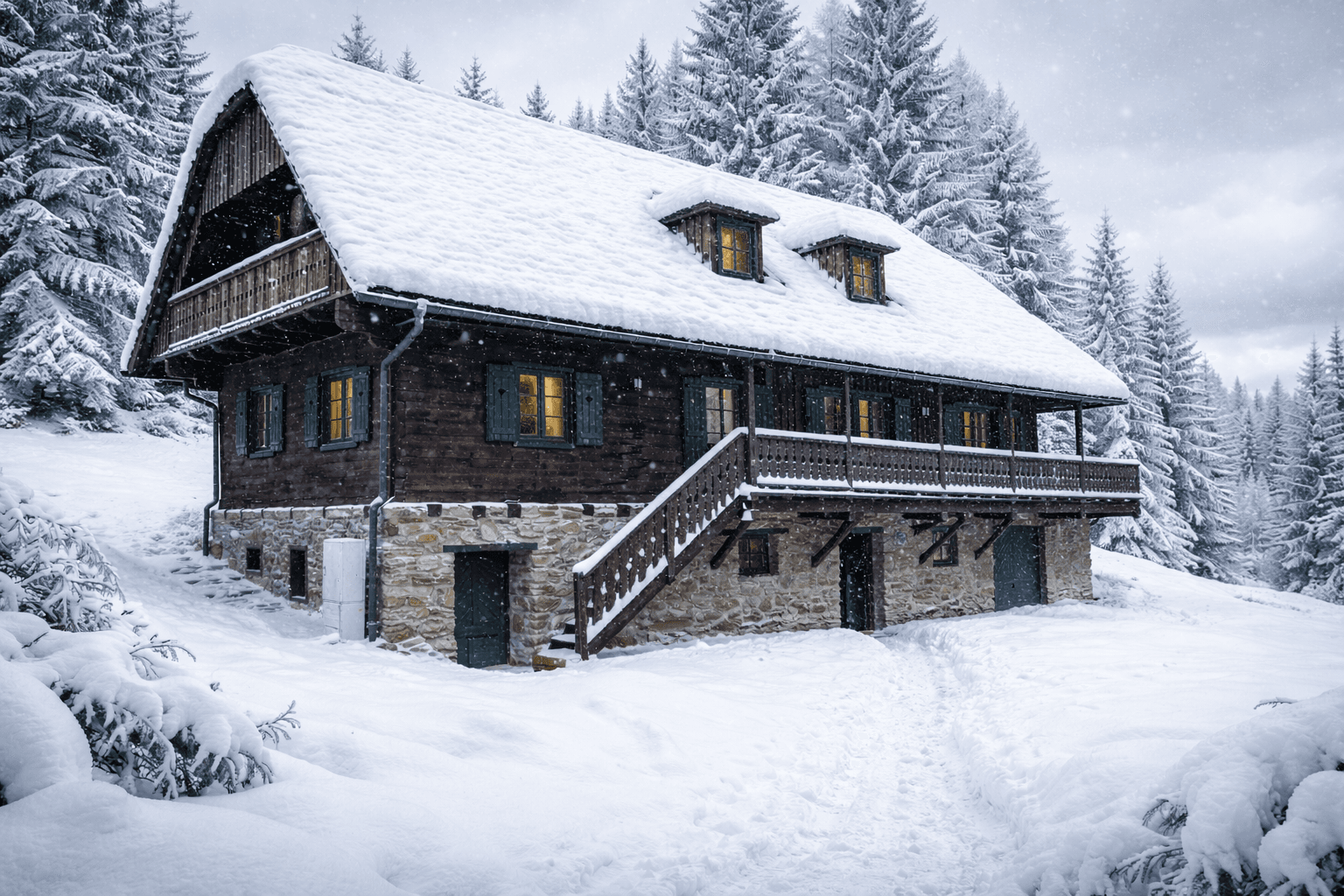 Verschneites Holzhaus mit Steinfundament und Holzbalkon während eines Schneefalls in den Bergen.