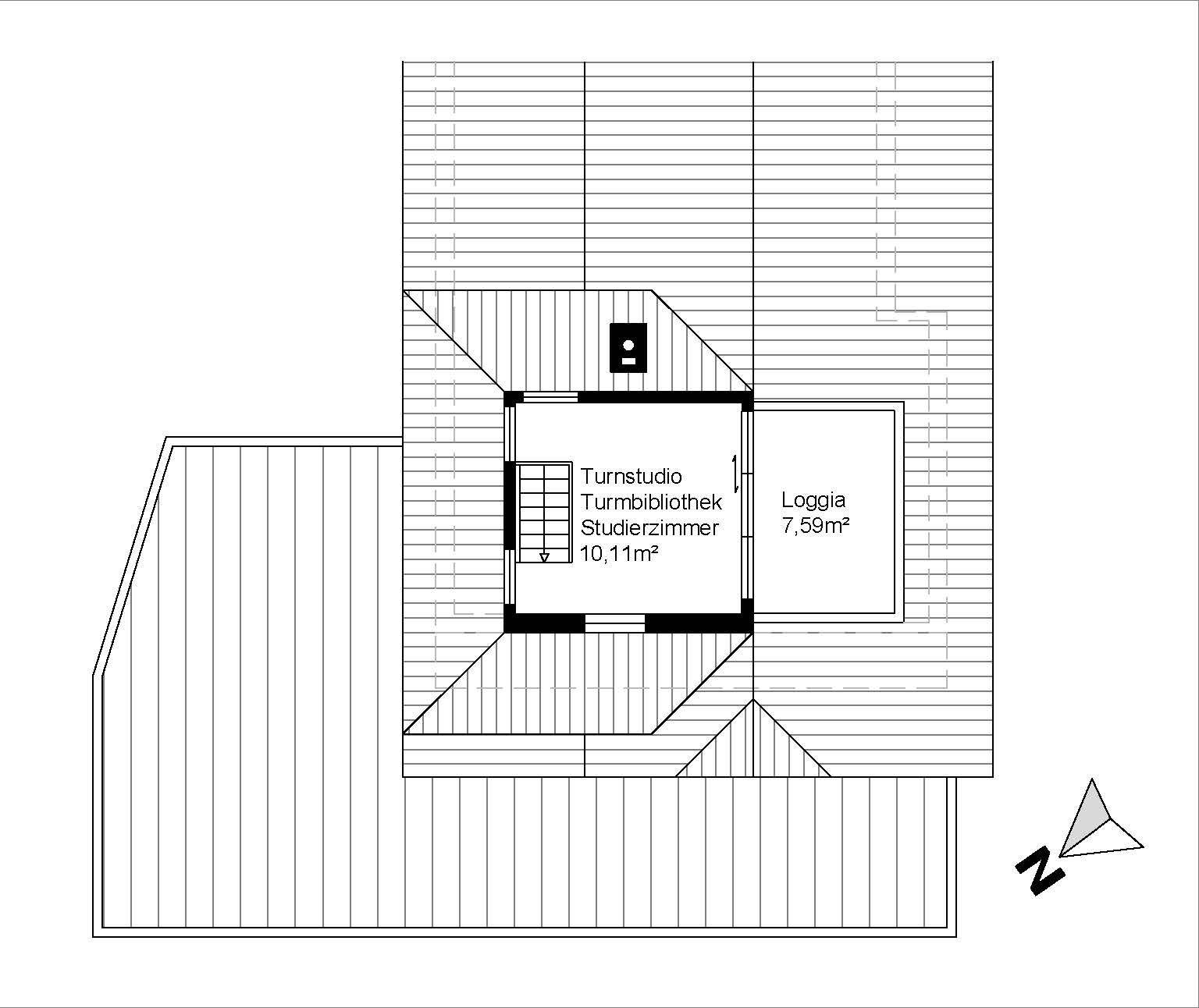 Grundriss des Dachgeschosses mit Turmbibliothek, Studio und Loggia.