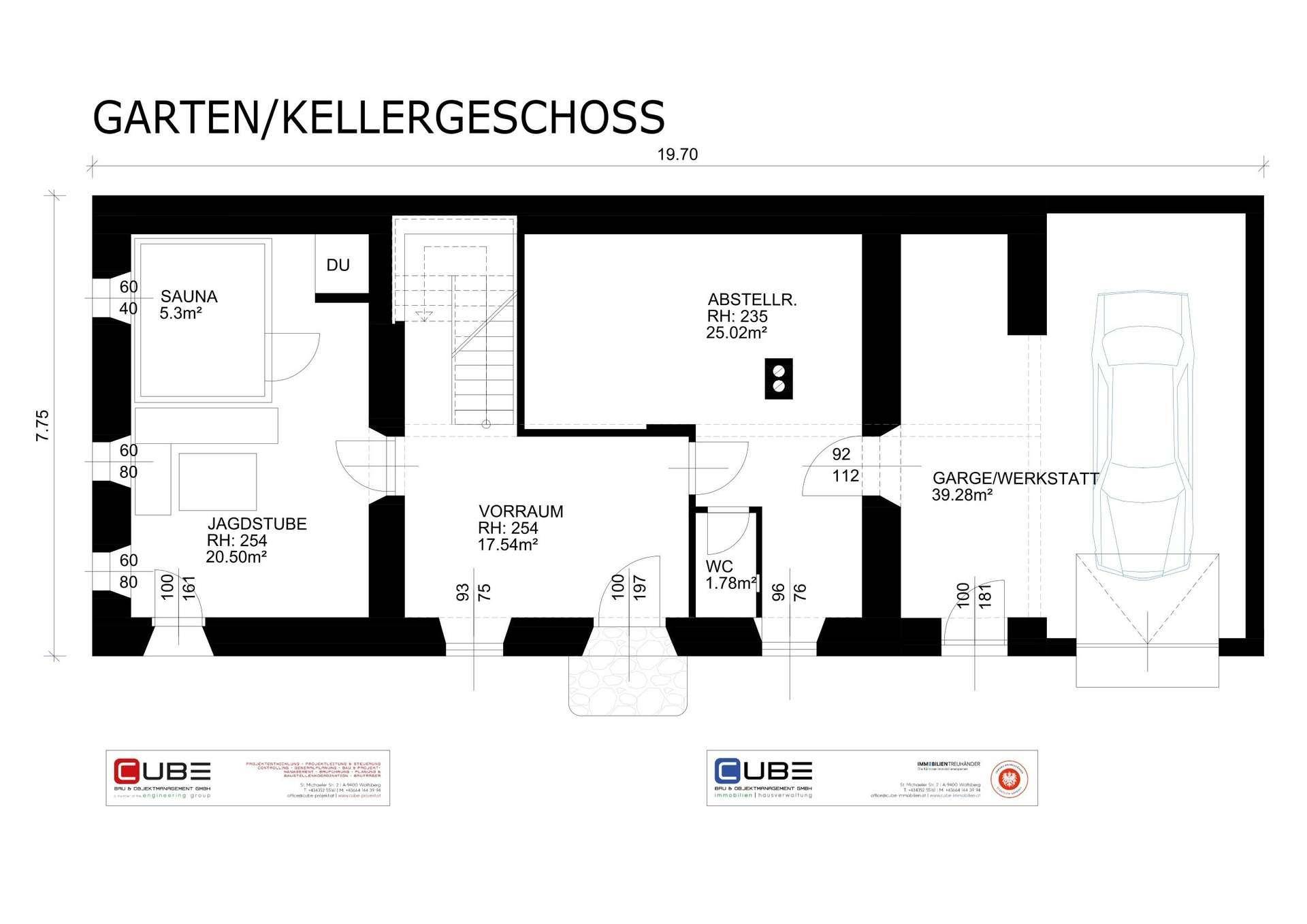 Grundriss des Garten-/Kellergeschosses mit Sauna, Garage, Abstellraum und einem weiteren WC.
