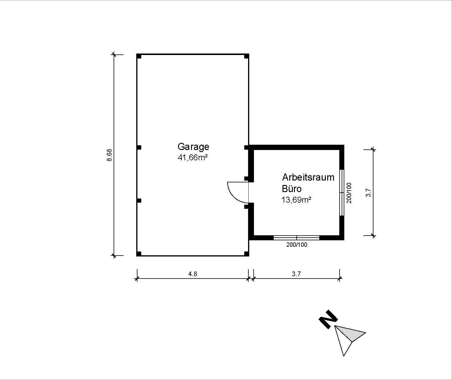 Grundriss der Garage mit angrenzendem Arbeitsraum und Abmessungen.