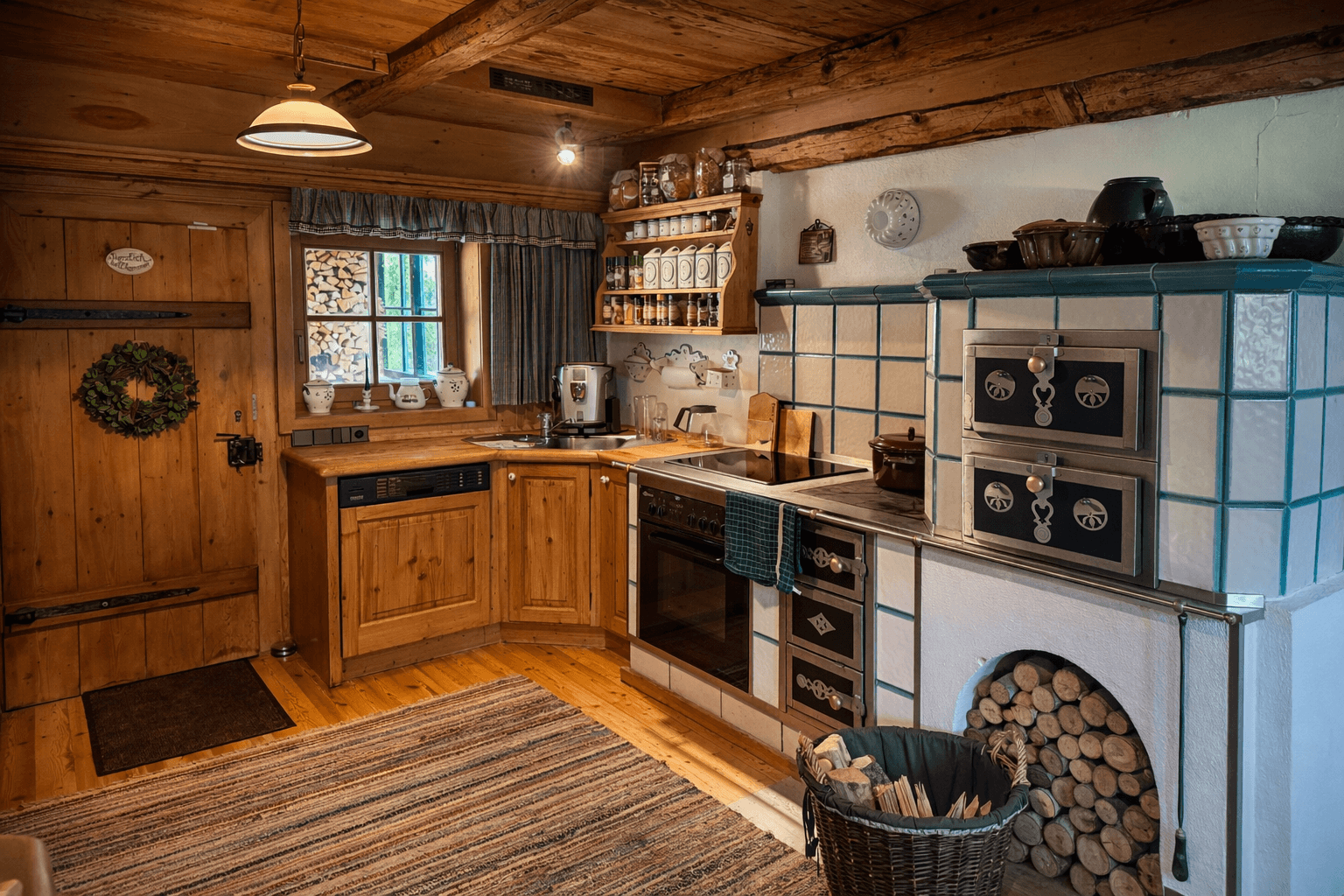 Gemütliche Holzküche im Landhausstil mit Kachelofen und Holzscheitlagerung.