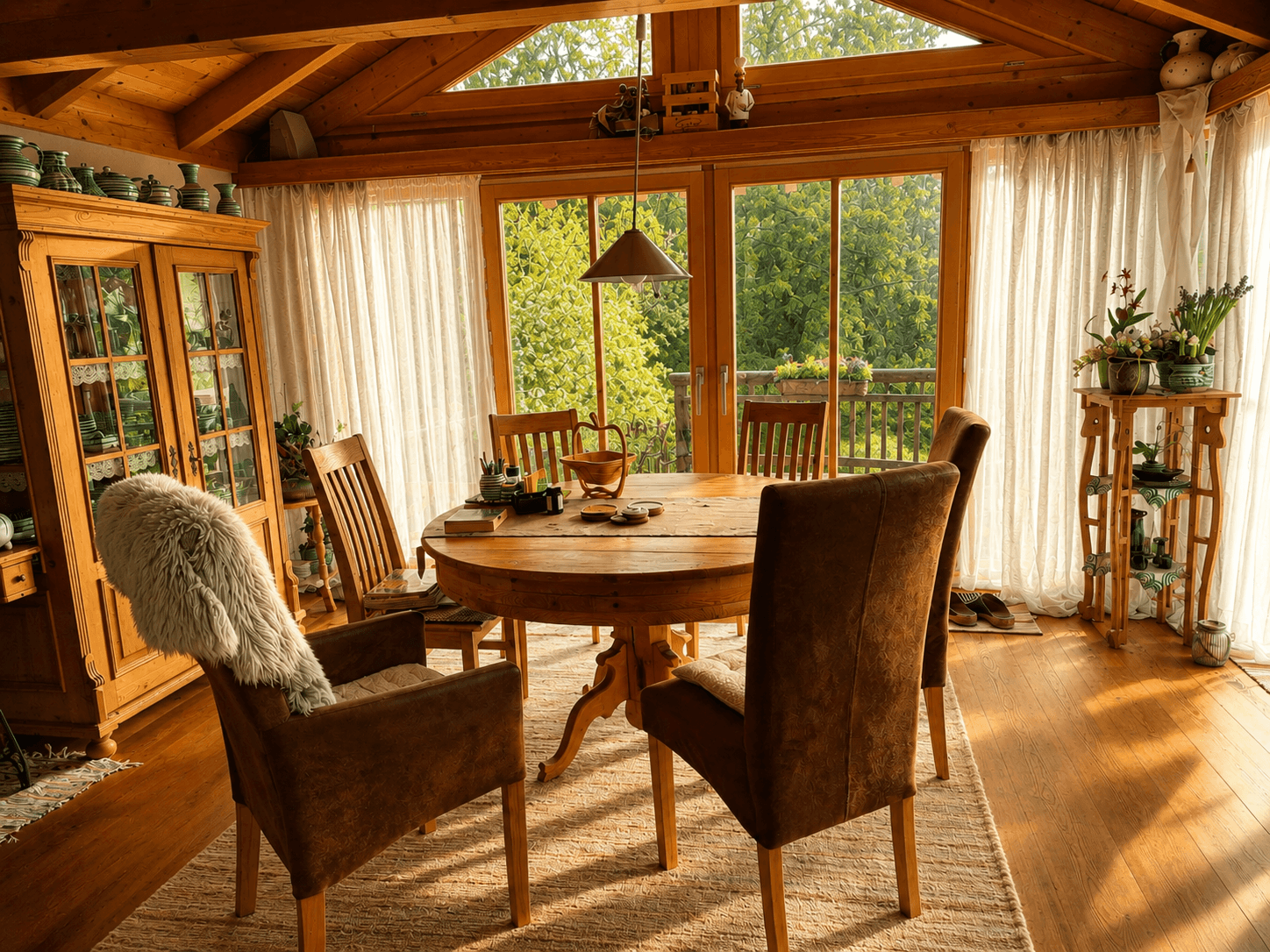 Heller Essbereich mit Holzboden, großen Fenstern und Zugang zur Terrasse.