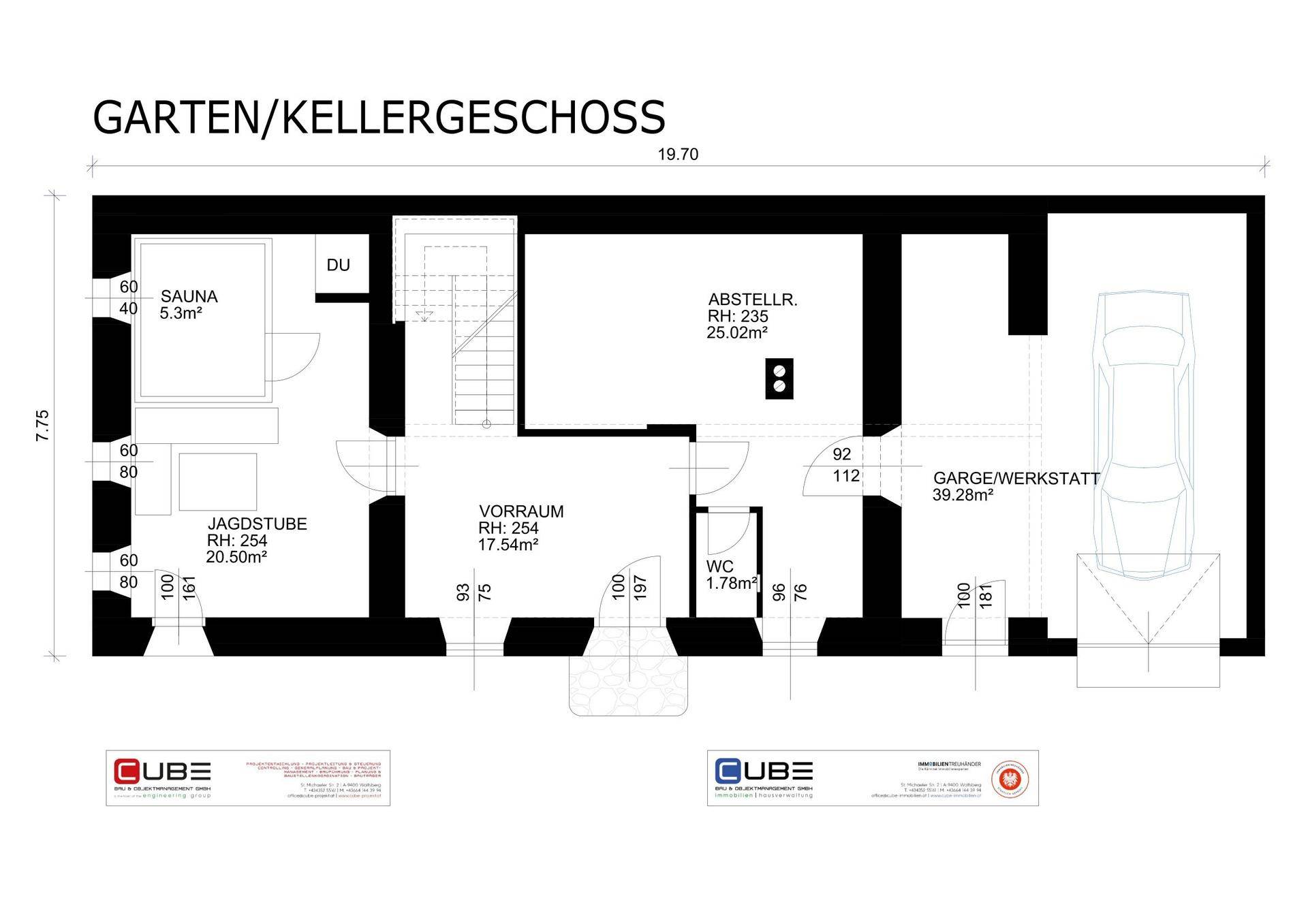 Grundriss des Garten-/Kellergeschosses mit Sauna, Jagdstube, Abstellraum und Garage.