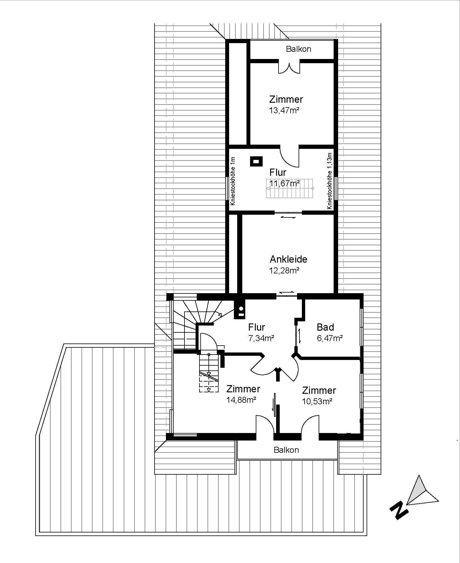 Grundriss des Obergeschosses mit Schlafzimmern, Ankleide und Bad, inklusive Balkonzugang.