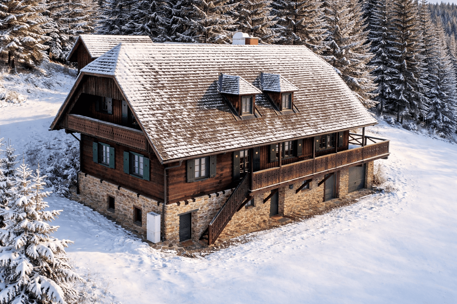 Traditionelles Holzhaus mit Steinfundament und schneebedecktem Dach in sonniger Winterlandschaft.